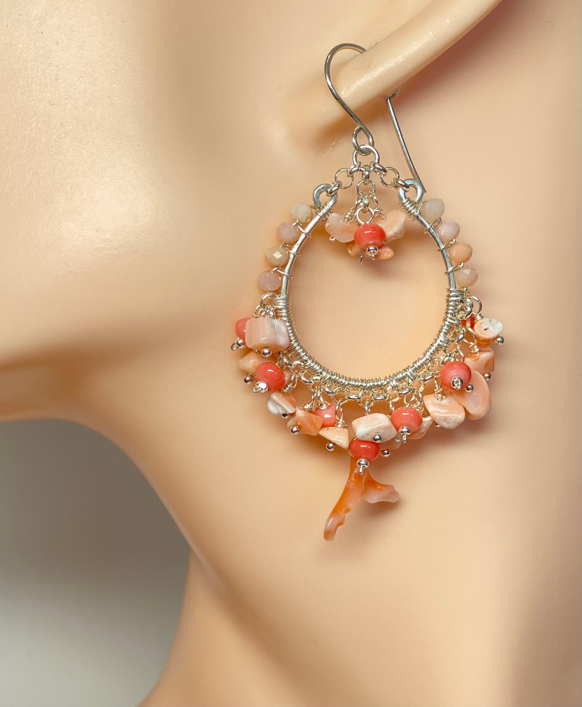 Stylish Coral Hoop Earrings - 925 Sterling Silver with Natural Branch Coral - Perfect for Beach Weddings, Boho Fashion & Summer Accessories