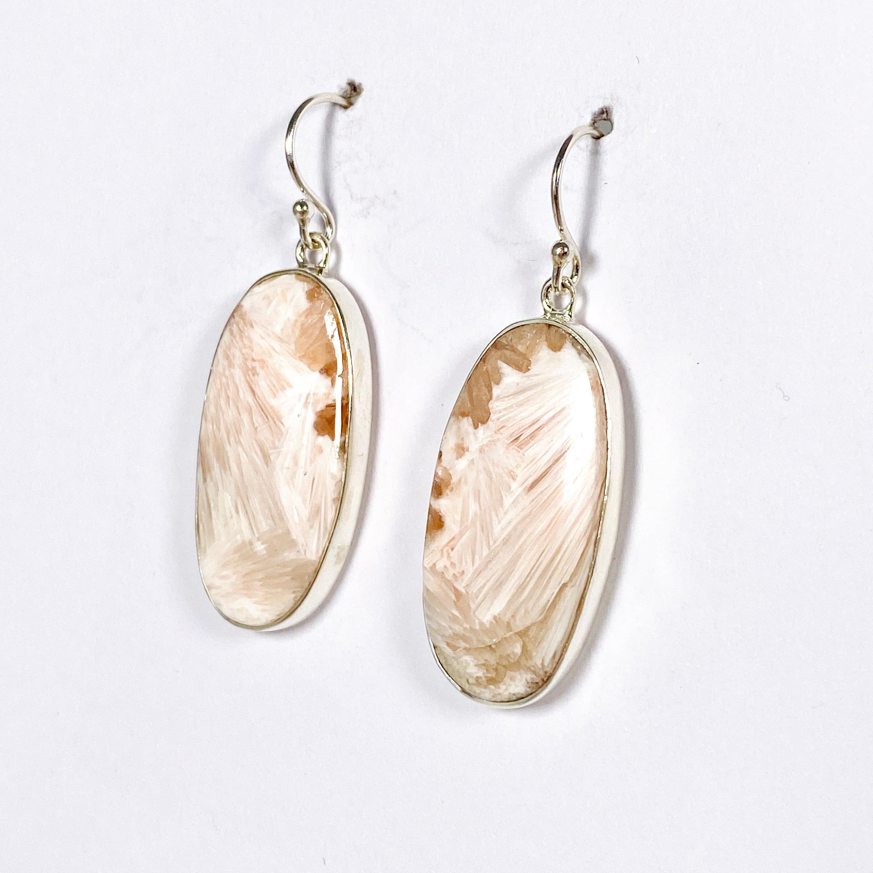 Natural Scolecite Oval Earrings KEGJ1323 - Healing Crystal Jewelry for Meditation, Yoga & Spiritual Balance