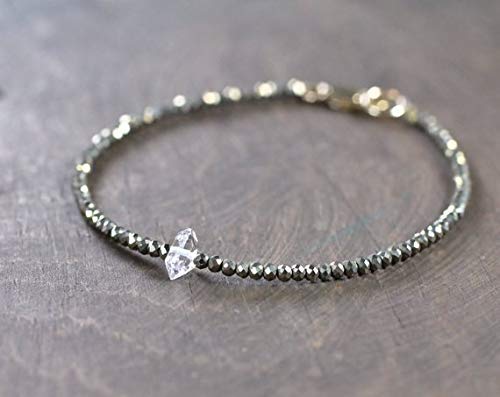 Skinny Pyrite & Herkimer Diamond Bracelet - Sterling Silver Plated or Gold Filled - Delicate Gemstone Crystal Beaded Bracelet - 2.25mm Layering Bracelet by Gemswholesale - Perfect for Stacking, Everyday Wear & Spiritual Healing Jewelry
