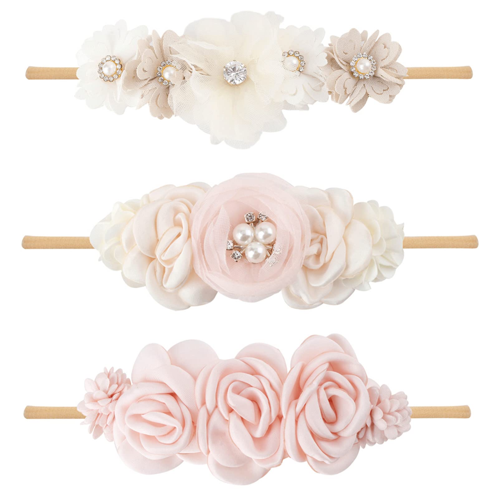 Baby Girl Floral Headband Set - 3 Pack Nylon Flower Crown Hairbands with Elastic Stretch Fit | Cute Hair Accessories Gift for Toddler Girls (YM7) | Perfect for Birthday Parties, Photo Shoots & Daily Wear
