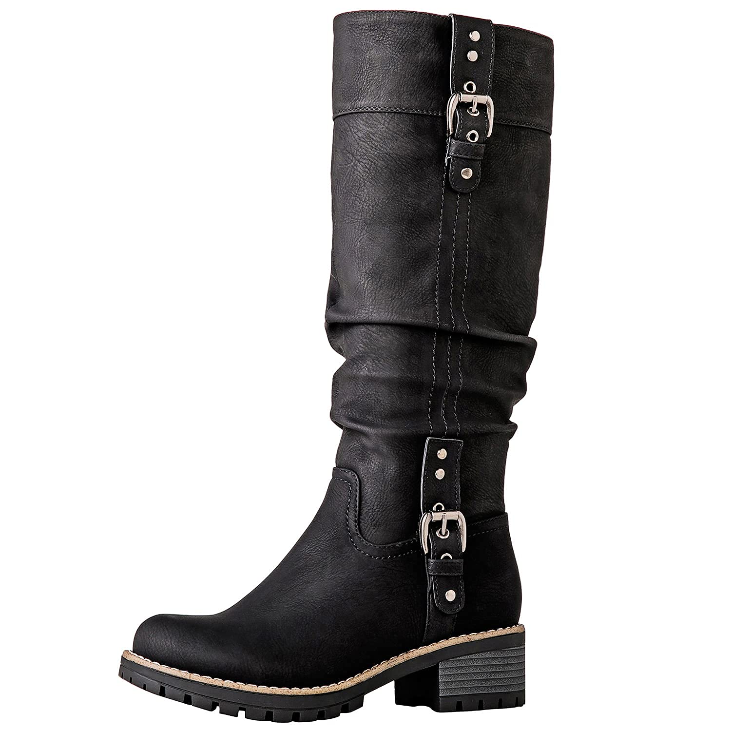 GLOBALWIN Women's Knee High Boots with Side Straps - Chunky Low Heel Boots for Fall & Winter | Comfortable & Stylish for Work, Party & Casual Outfits