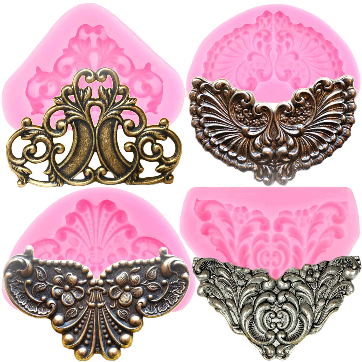 Baroque Fondant Molds Set of 4 - 3D Curlicues Scroll Lace Silicone Molds for Cake Decorating, Cupcake Toppers, Candy, Polymer Clay & Chocolate - Elegant Filigree Flower Border Molds for Wedding Cakes, Birthday Parties & DIY Crafts