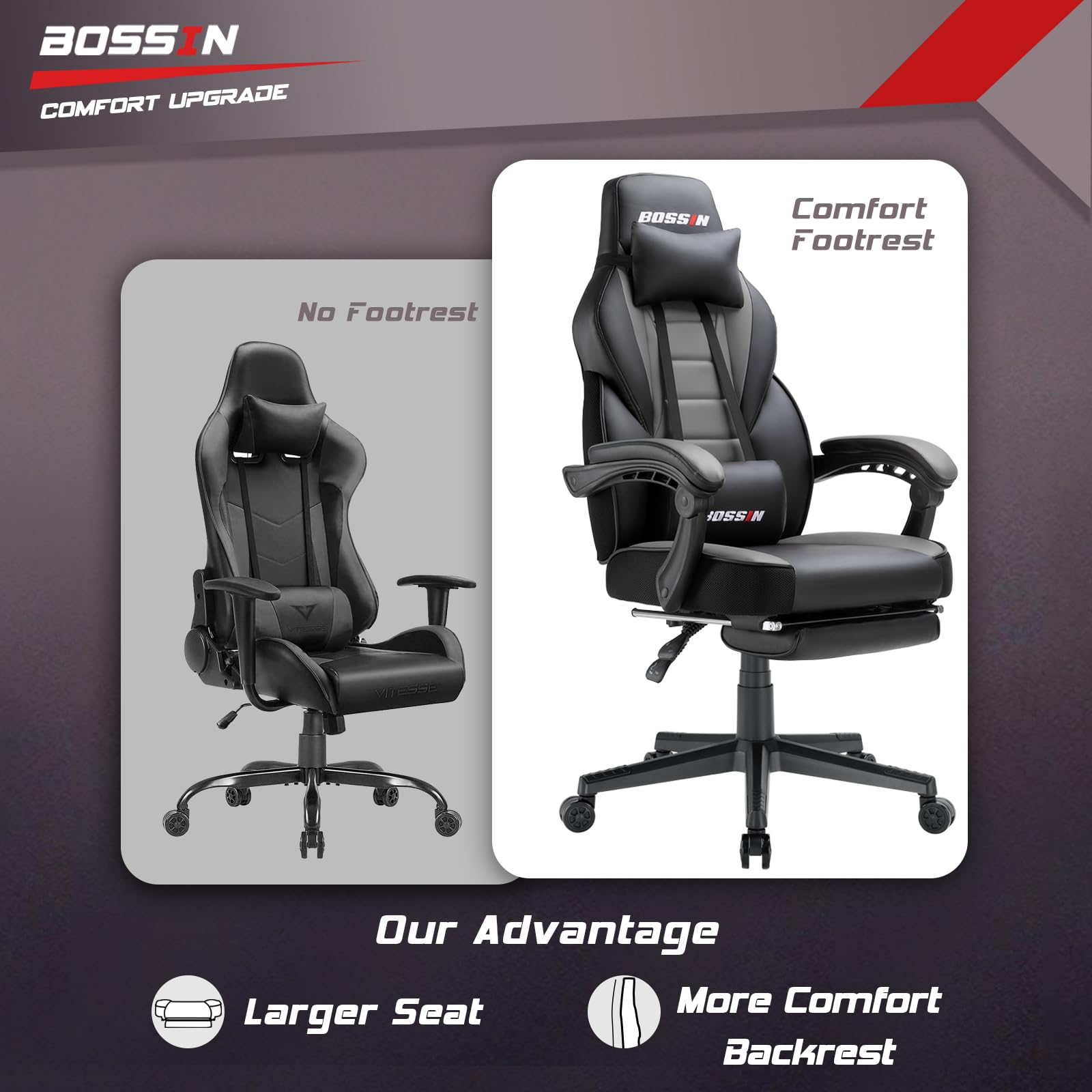 BOSSIN Ergonomic Gaming Chair with Massage & Footrest - Heavy Duty High Back Office Chair with Lumbar Support & Large Cushion for Big & Tall Adults - Perfect for Home Office, Gaming Setup, and Streaming Studios
