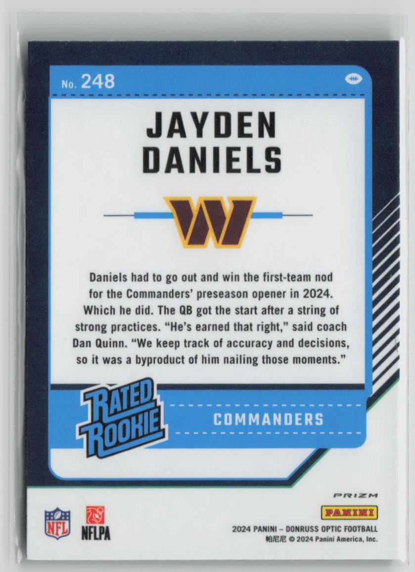 2024 Panini Donruss Optic Prizm Jayden Daniels Green Velocity #248 Football Trading Card - Perfect for Collectors, Sports Memorabilia & Investment