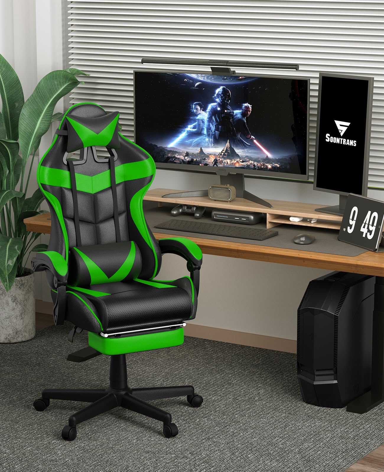 Soontrans Ergonomic Gaming Chair with Adjustable Headrest & Lumbar Support - Racing Style Computer Gamer Chair with Footrest (Jungle Green) - Perfect for Esports, Streaming & Home Office Setup