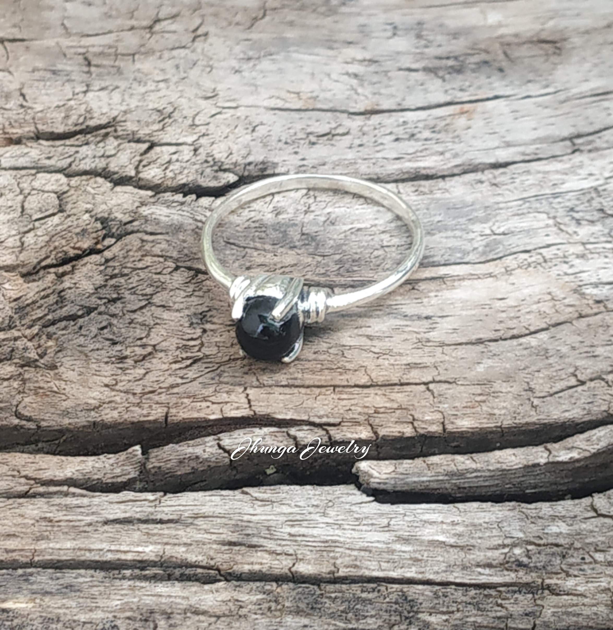 Black Onyx Ring - 925 Sterling Silver Minimalist Engagement Ring for Women, Bohemian Wedding Gift, Dainty Statement Jewelry with Prong Setting - Perfect for Everyday Wear, Special Occasions & Gifts