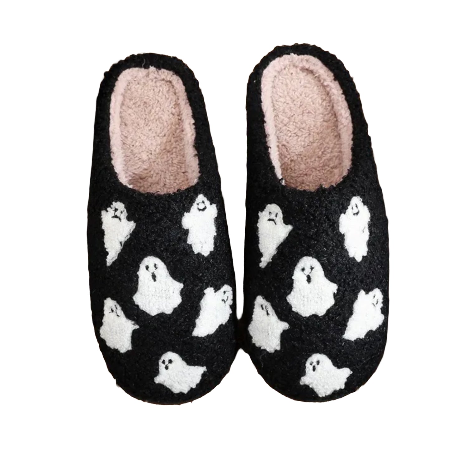 FLOOF Tiny Ghost Slippers for Women - Cozy Halloween House Shoes - Black Soft Indoor/Outdoor Slippers for Spooky Fun & Comfort