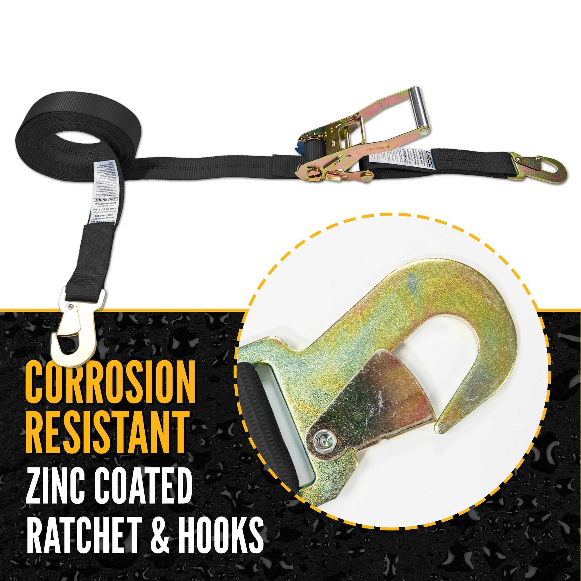 2 Inch x 27 Ft Heavy Duty Ratchet Straps with Snap Hooks - 5,000 lbs Break Strength - Black Cargo Tie Down Straps for Trucks, Trailers, Motorcycles & Equipment Securing