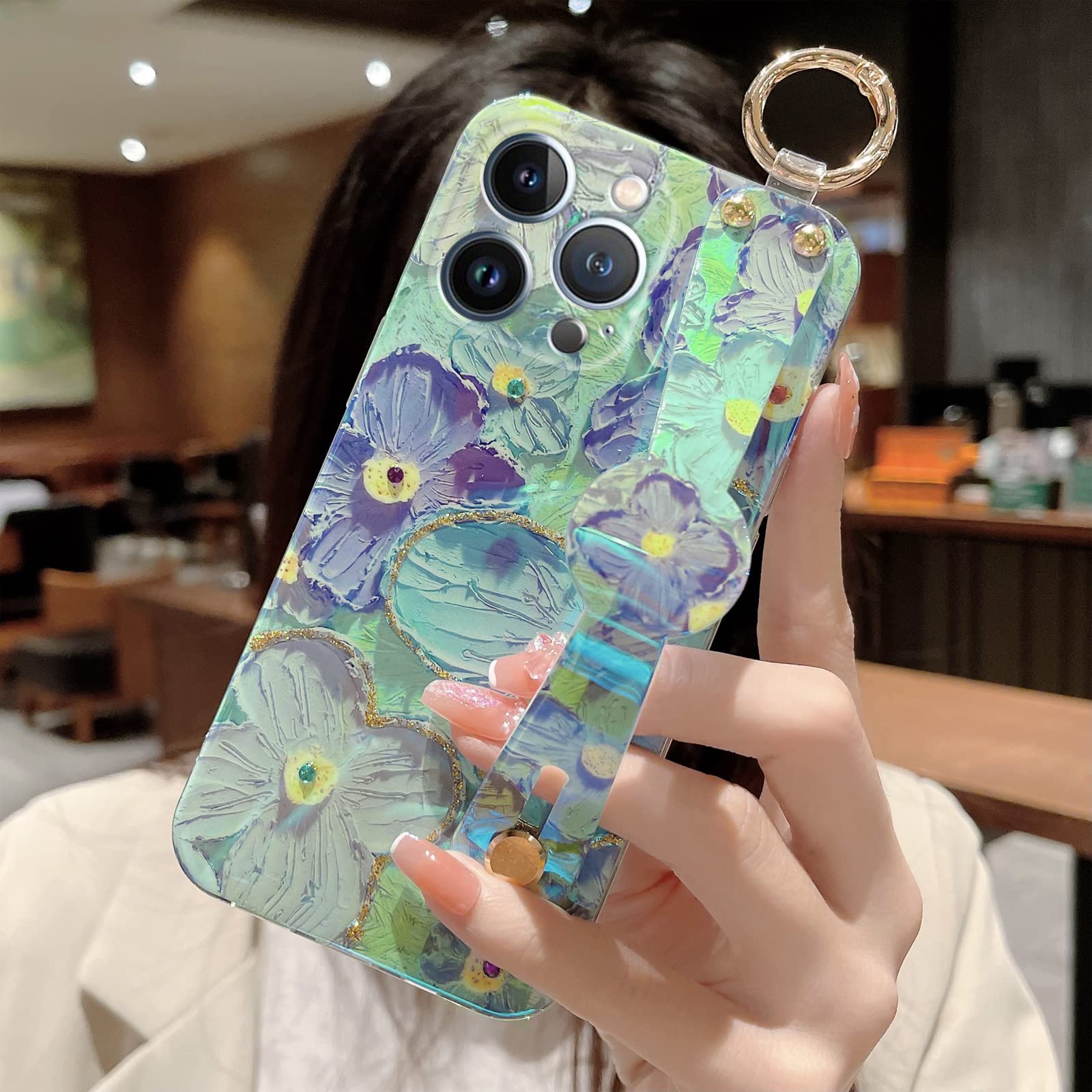 Elegant Bling Flower iPhone 13 Pro Max Case 6.7 Inch - Cute Slim TPU Shockproof Cover with Wrist Strap & Kickstand for Women & Girls | Perfect for Daily Use, Work & Social Events
