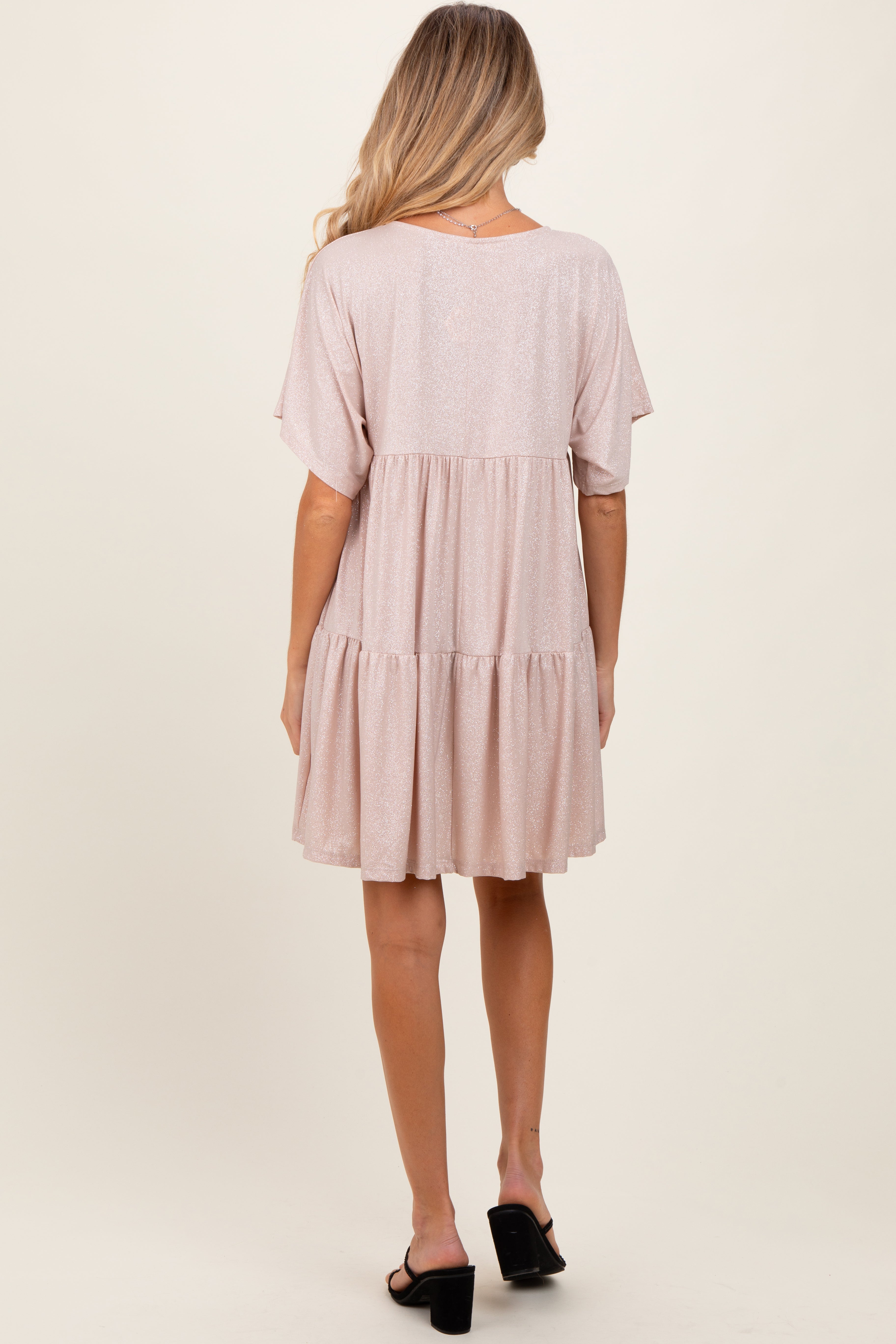 Beige Glitter Flutter Sleeve Tiered Maternity Dress for Pregnancy Photoshoot, Baby Shower & Special Occasions | Comfortable & Stylish Plus Size Dress for Expecting Moms