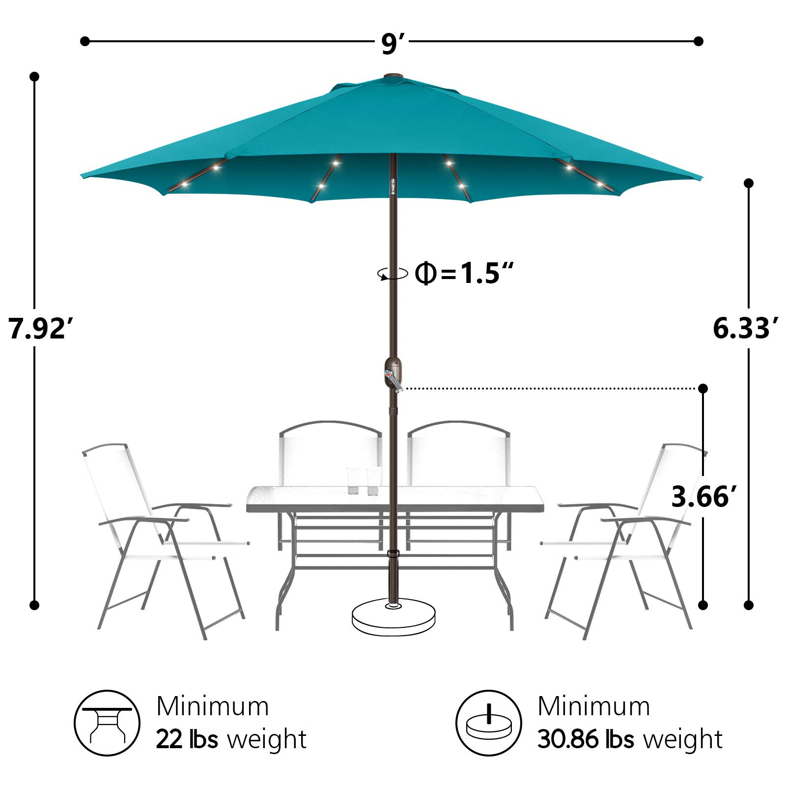 9ft Solar LED Patio Umbrella with 24 Lights & Push Button Tilt Crank - Waterproof Outdoor Umbrella for Garden, Deck, Backyard, Pool - Perfect for Summer BBQs, Beach Parties & Outdoor Dining (Teal Green)