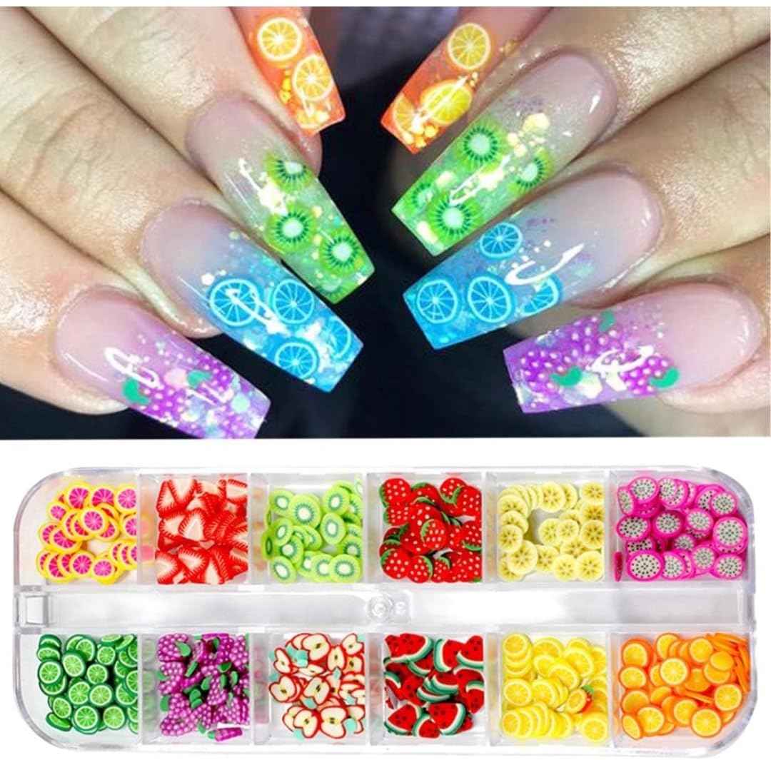 Colorful Crystal Fruit Clay Nail Art Kit - 12 Assorted DIY Nail Art Designs & Shapes with Sequins for Manicure, Nail Decoration, and Creative Nail Art - Perfect for Home Salon, Party Nails, and Professional Nail Artists
