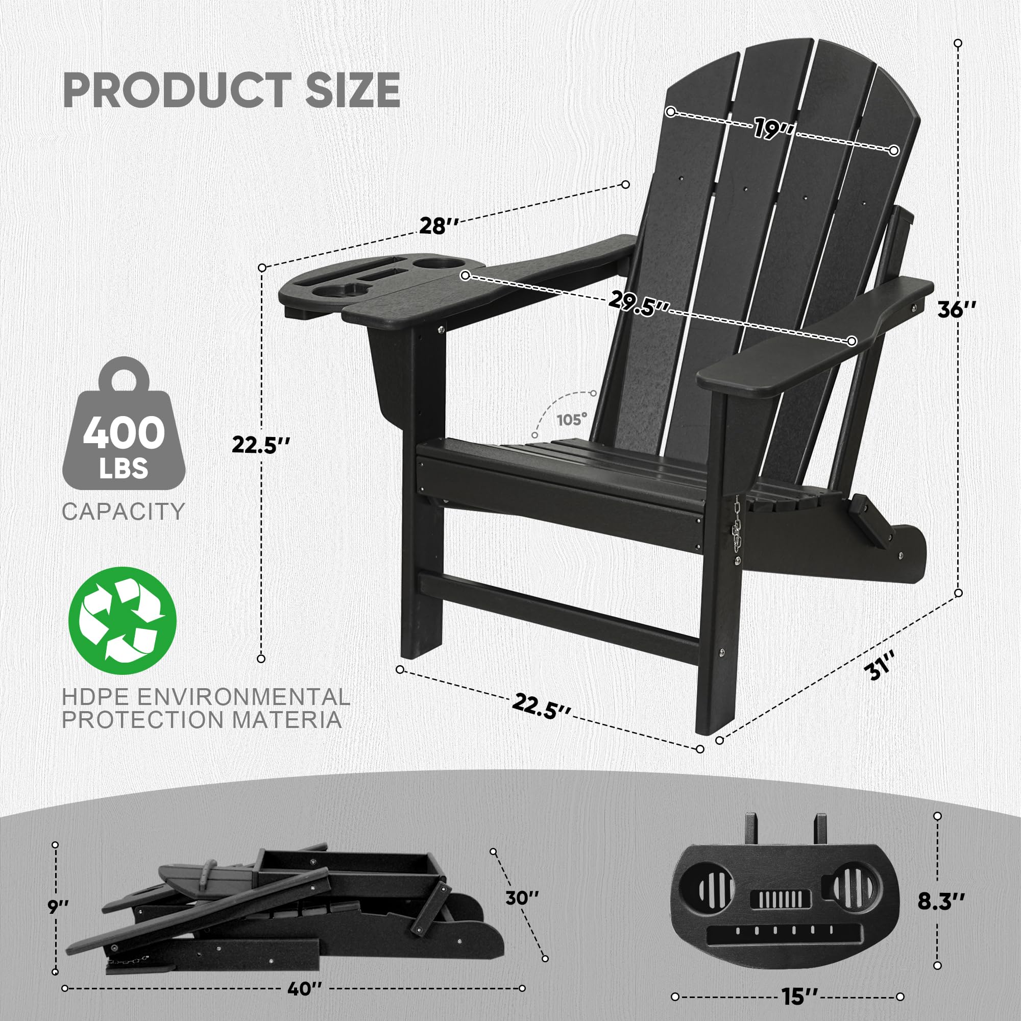 FOOWIN 4-Piece HDPE Folding Adirondack Chair Set - All-Weather Resistant Outdoor Furniture with 4-in-1 Cup Holder Trays - Perfect for Patio, Garden, Backyard, Deck & Fire Pit Gatherings (Black)