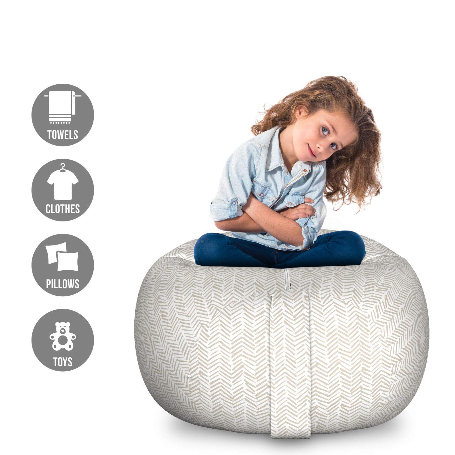 Lunarable Chevron Storage Toy Bag Chair - Hand Drawn Monochrome Herringbone Lines Abstract Zigzag Design - Washable Stuffed Animal Organizer - Large Size White Beige - Perfect for Kids' Room, Nursery & Playroom Storage