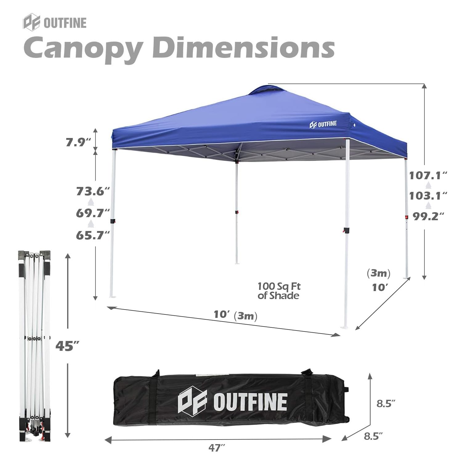 OUTFINE 10x10 FT Pop-up Canopy Tent - Instant Gazebo with Wheeled Carry Bag, 4 Sandbags & 8 Stakes (Blue) - Perfect for Outdoor Parties, Camping, Beach, and Backyard Events