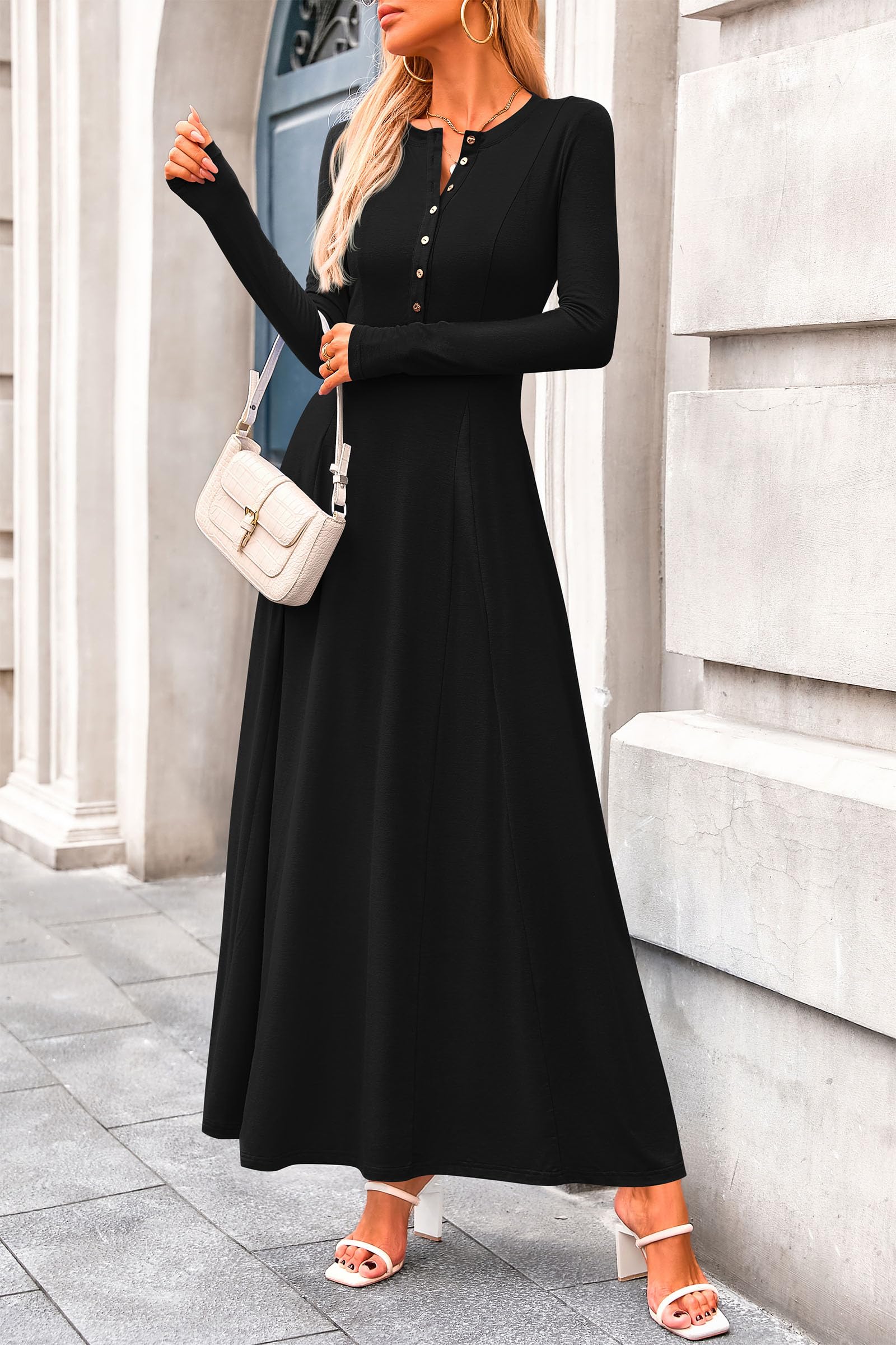 PRETTYGARDEN Women's Casual Maxi Dress 2025 - Spring Fashion Long Sleeve Button Down Fit & Flare Flowy Dress for Everyday Wear, Date Night & Vacation