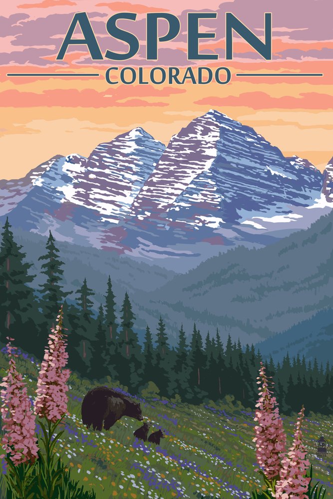 Aspen Colorado Bear and Spring Flowers Giclee Print - 24x36 Travel Poster Wall Art Decor for Living Room, Bedroom & Office
