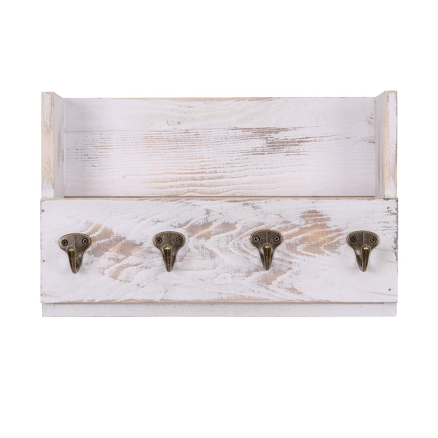 Distressed Pine Wood Wall Mounted Mail Organizer with 4 Key Hooks - Rustic Entryway, Kitchen & Office Decor - Letter Holder & Key Rack for Hallway, Foyer & Home Organization (Washed White)