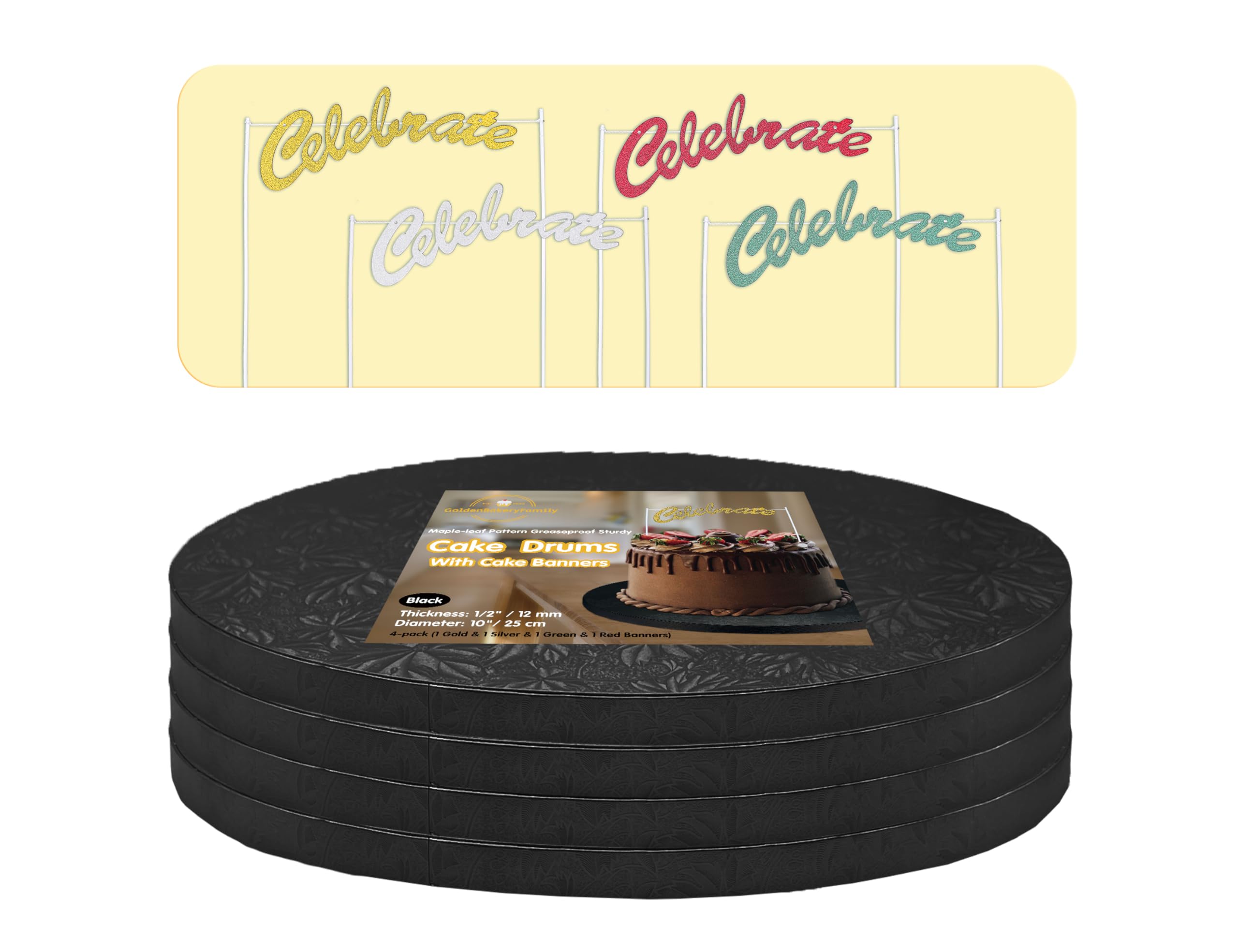 10 Inch Round Cake Drums - 4 Pack Black Sturdy Greaseproof Cake Boards (1/2 Inch Thick) with Banner Cake Topper - Perfect for Birthday, Wedding & Multi-Tiered Cakes by GoldenBakeryFamily - Ideal for Professional Baking, Cake Decorating & Dessert Displays
