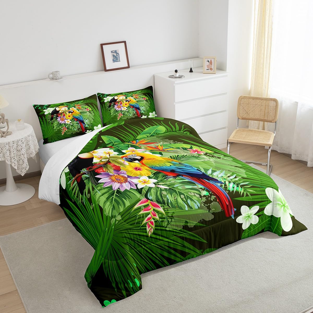 Premium Full Size Toucan Safari Animals Comforter Set - Soft Down Alternative Bedding with 2 Pillowcases - Tropical Jungle Theme - Perfect for Kids' Rooms, Guest Bedrooms & Safari Nursery Decor