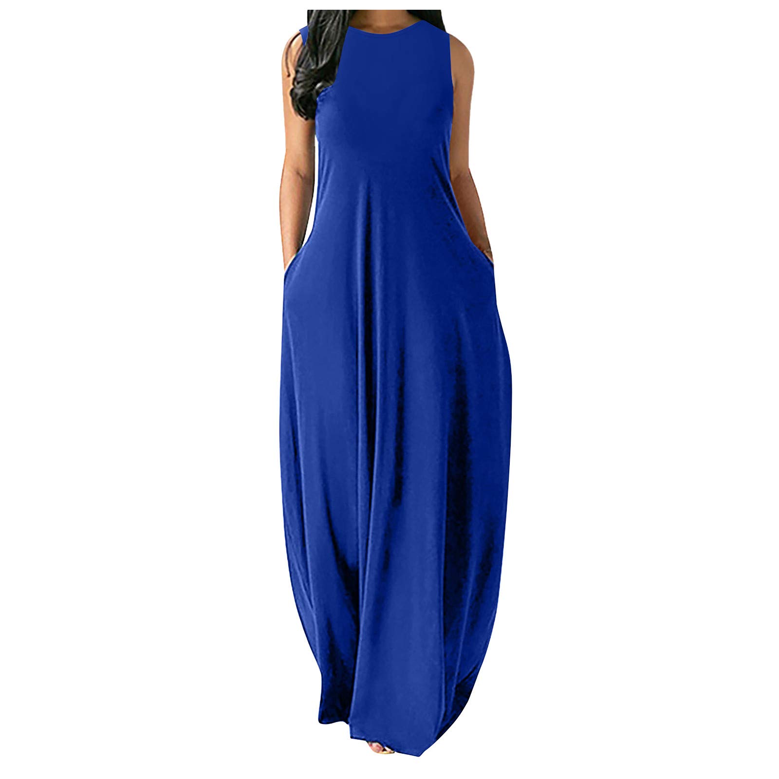 Kaideny Women's Plus Size Casual Summer Sleeveless V-Neck Boho Maxi Dress with Pockets - Sexy Loose Fit Long Dress for Beach, Vacation & Outdoor Parties