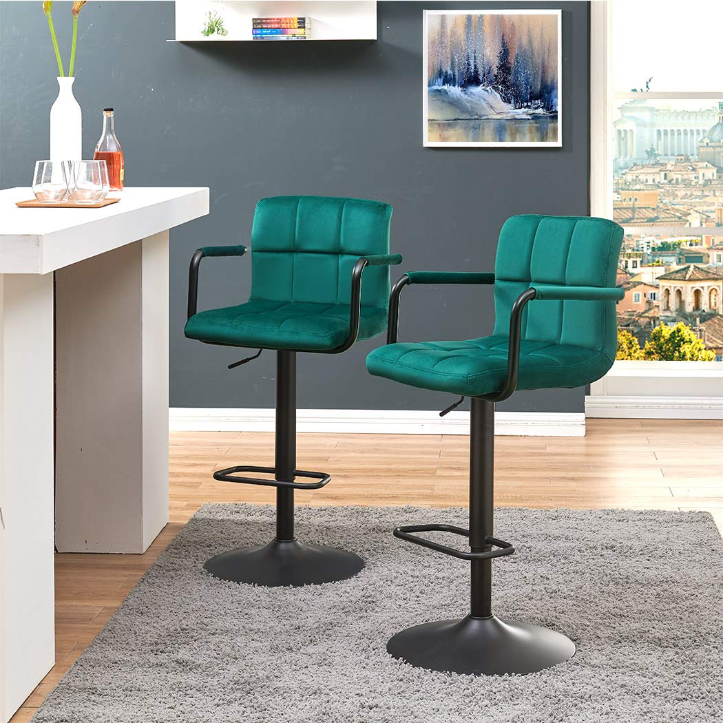 DUHOME Modern Swivel Adjustable Bar Stools Set of 2 - Velvet Upholstered Counter Height Stools with Hydraulic Lift for Home Bar, Kitchen Island & Dining Room - Contemporary Teal Barstools for Restaurant & Cafe Decor