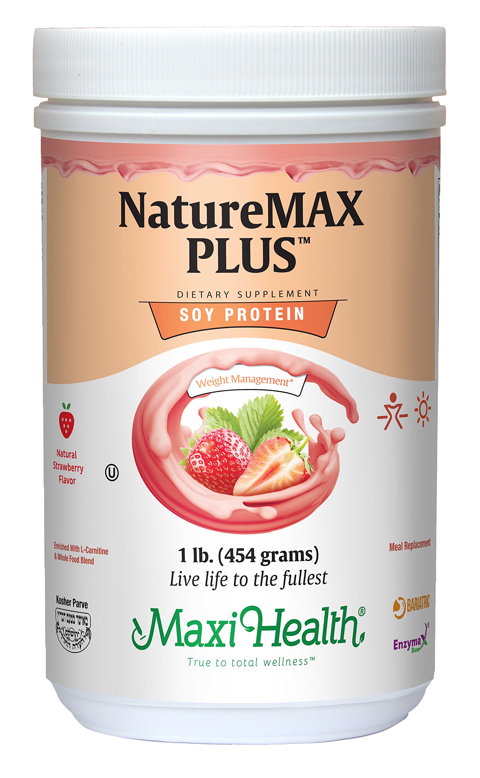 Maxi-Health NatureMAX PlusTM Energy Support Drink Soy Protein Powder - Sugar Free, 20g Protein Per Serving, Natural Strawberry Flavor, Kosher & Vegan Friendly - 1lb for Post-Workout Recovery & Healthy Lifestyle
