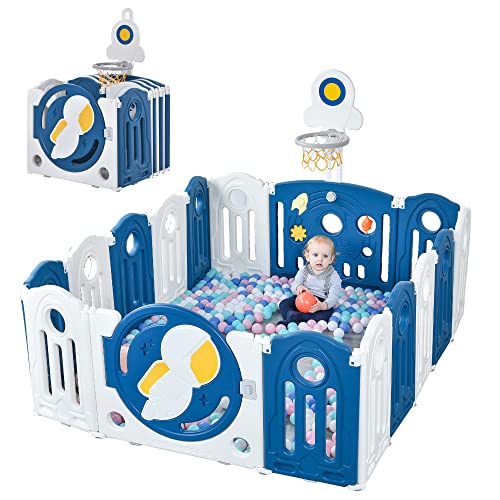 Veemuaro Foldable Baby Playpen - 16-Panel Portable Play Yard with Game Panel & Basketball Hoop, Adjustable Shape Kids Activity Center for Indoor & Outdoor Use - Perfect for Home, Nursery, Daycare, and Travel