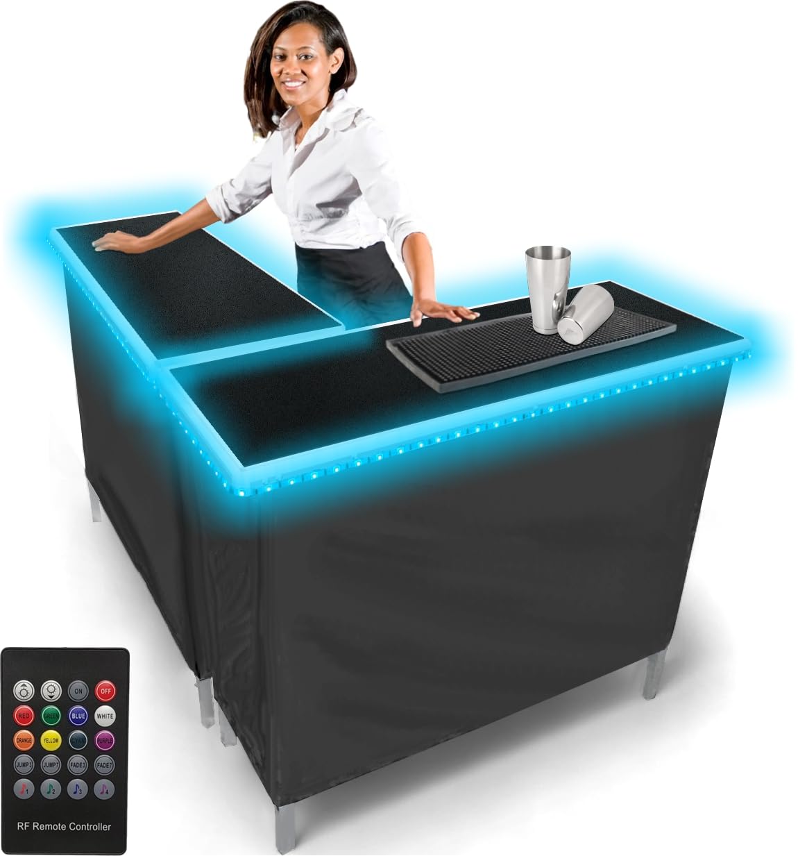 PartyPong Folding Portable Double Bar with LED Lights - Wireless Remote, 2 Bar Skirts, Storage Shelf & Carrying Case - Black - Perfect for Home Parties, Outdoor Events & Game Nights