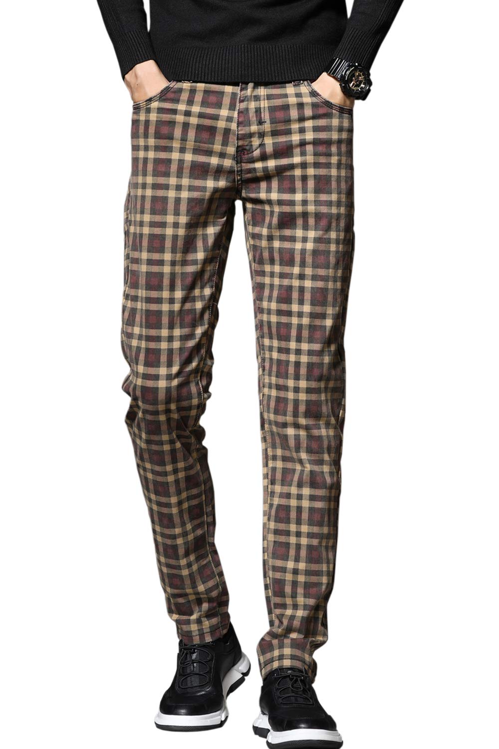 HENGAO Men's Straight Fit Plaid Chino Pants - Comfortable Casual Dress Pants for Office, Business & Everyday Wear