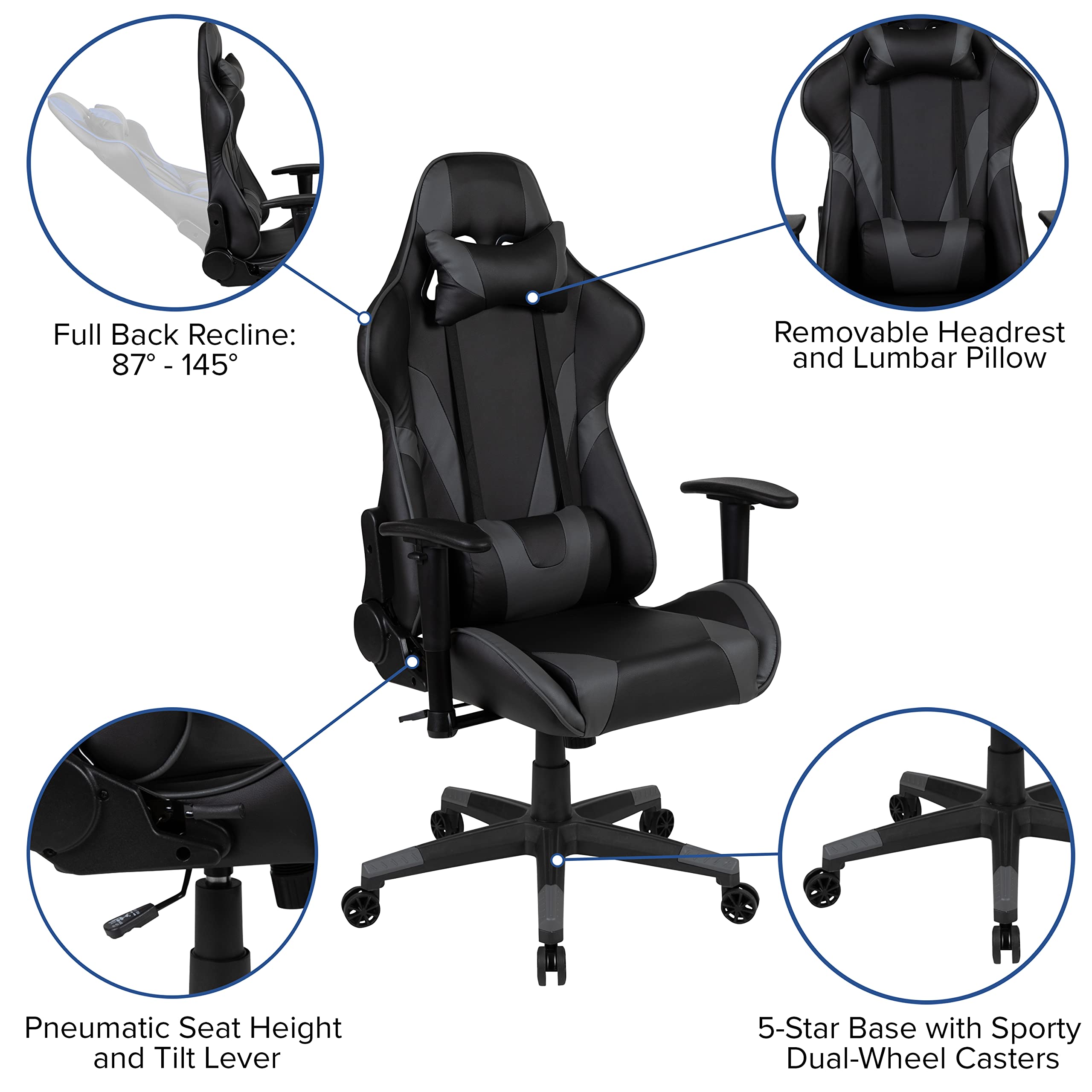 Black Gaming Desk with Gray/Black Reclining Gaming Chair Set - Cup Holder, Headphone Hook & 2 Cable Management Holes - Perfect for PC Gaming Setup, Streaming & Home Office