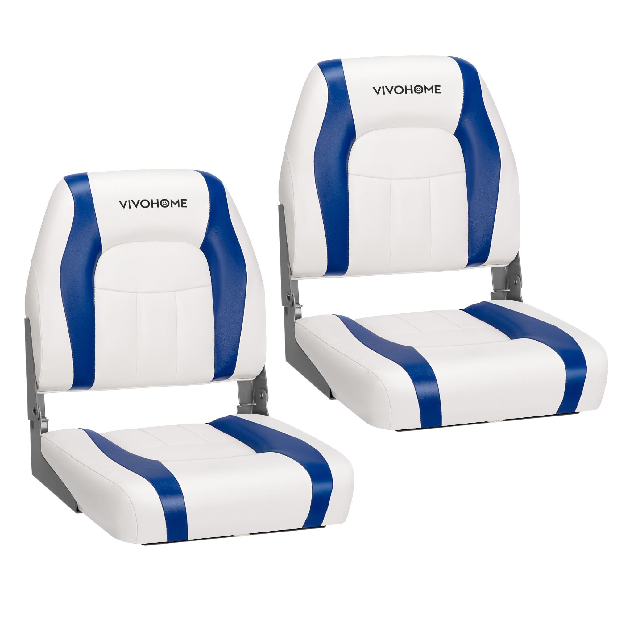 VIVOHOME 2 Pack Folding Low Back Boat Seats - Waterproof Marine Captain Chairs with 4 Mounting Screws, White & Blue - Perfect for Fishing Boats, Yachts, and Pontoon Boats