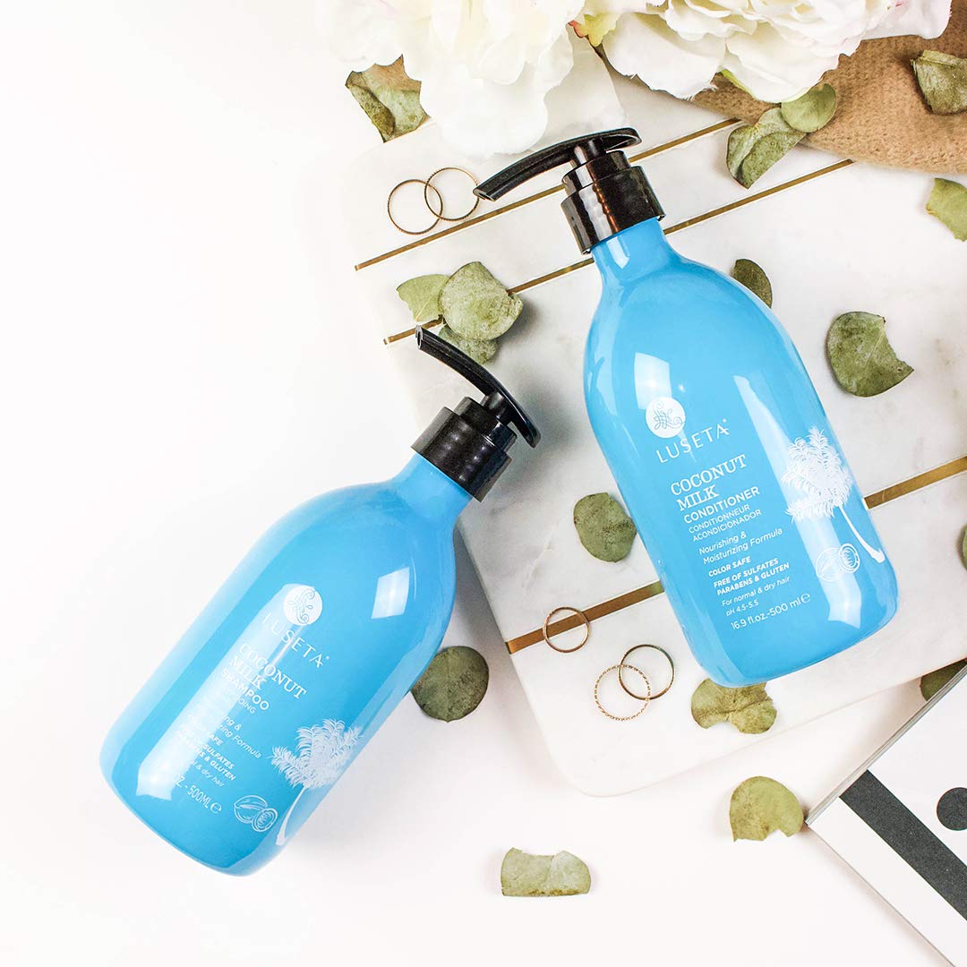 LUSETA Coconut Milk Shampoo & Conditioner Set - Sulfate Free, Paraben Free, Keratin & Color Safe - Deep Nourishing & Moisturizing for Dry, Damaged Hair - 16.9oz Each - Perfect for Daily Hair Care & Salon Quality Results at Home