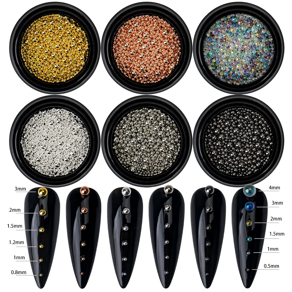 6 Boxes Nail Art Beads Kit - Gold Silver Rose Gold Metal Balls & Steel Caviar Beads for DIY Nail Design, Manicure, Crafts & Home Decoration | Perfect for Professional Salons, Bridal Nails & Gift Making
