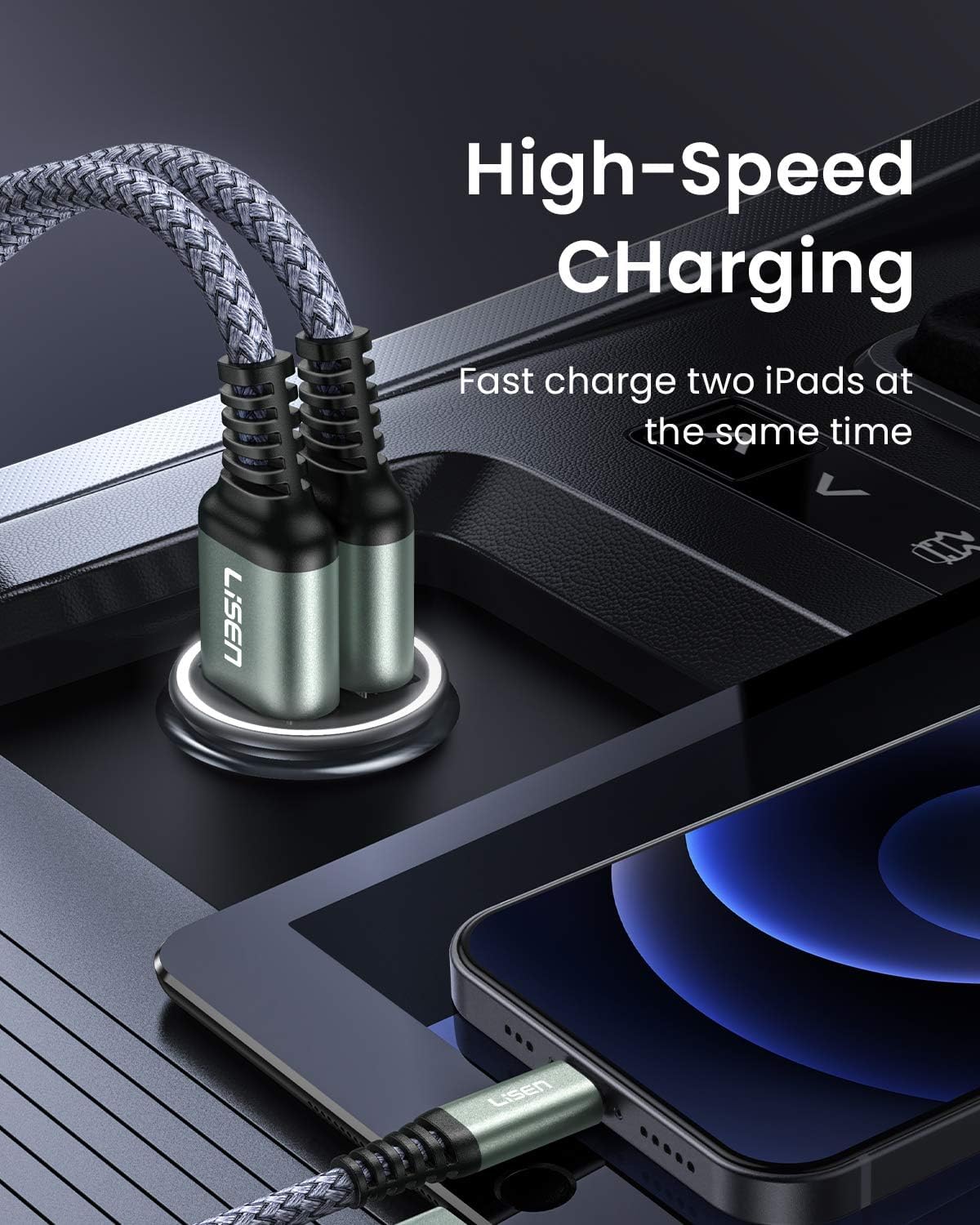 LISEN USB C Car Charger Adapter - 12V Cigarette Lighter to Dual USB PD & QC3.0 Fast Charging Port for iPhone 16/15 Pro Max, iPad, Samsung S24 - Perfect for Road Trips & Daily Commuting