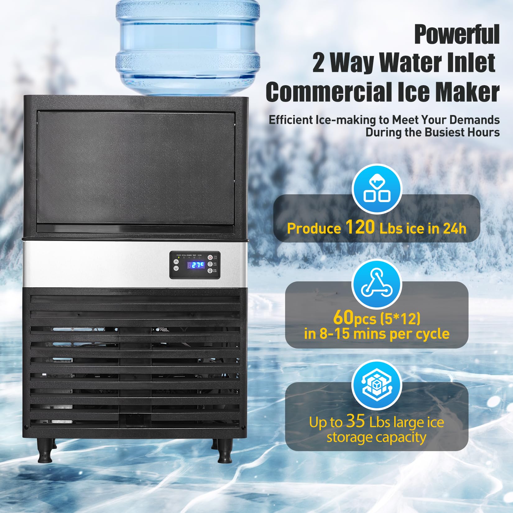 Commercial Ice Maker Machine 120lbs/24H, Stainless Steel Undercounter Ice Machine with 30lbs Storage - Freestanding Ice Maker for Home Bars, Restaurants & Outdoor Use - Dual Water Inlet for Convenient Installation