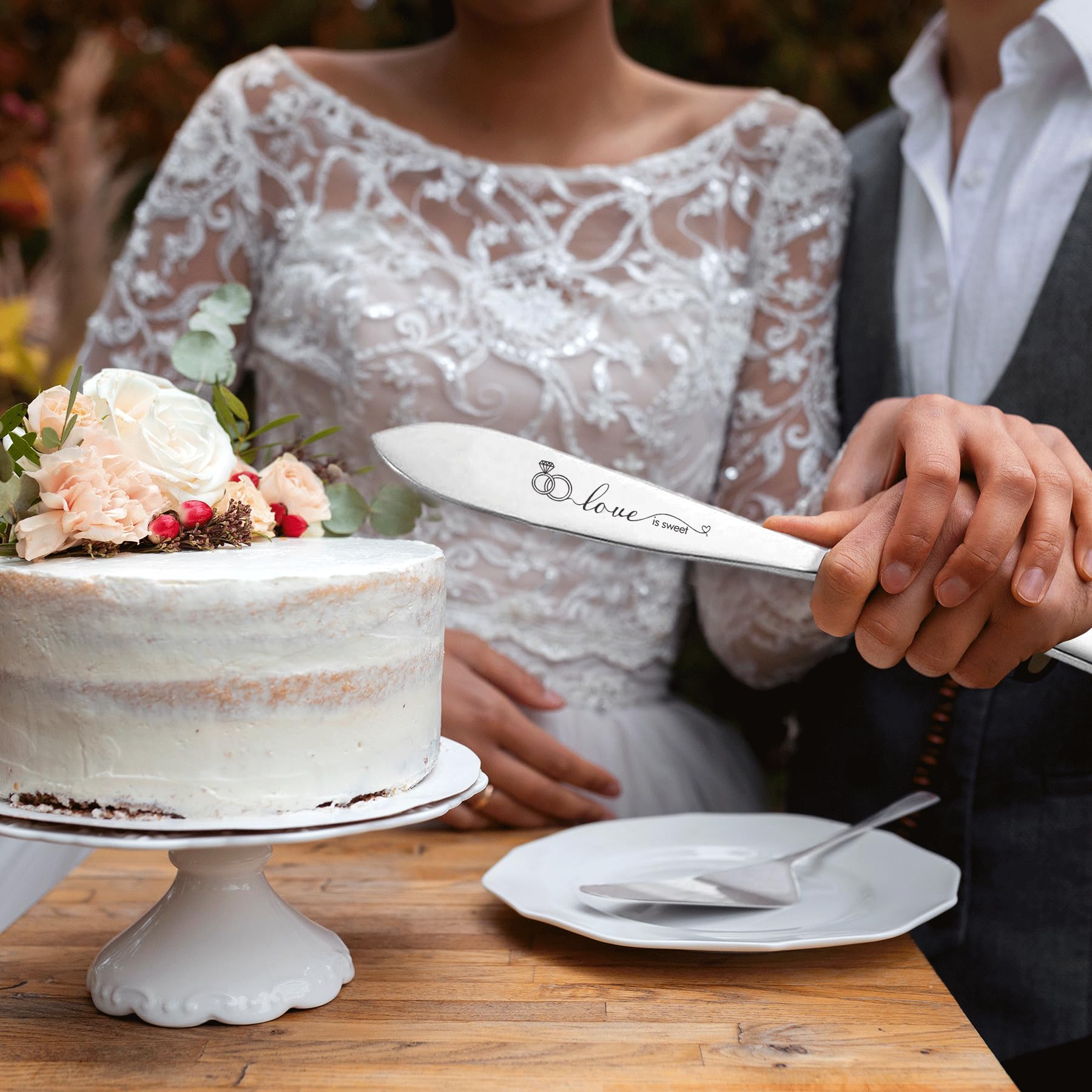Elegant Wedding Cake Knife & Server Set with Mr & Mrs Champagne Flutes - Premium Cake Cutting Set with Forks for Weddings, Anniversaries & Engagements - Perfect Bridal Shower Gift for Couples (Romantic Ceremony & Reception Use)