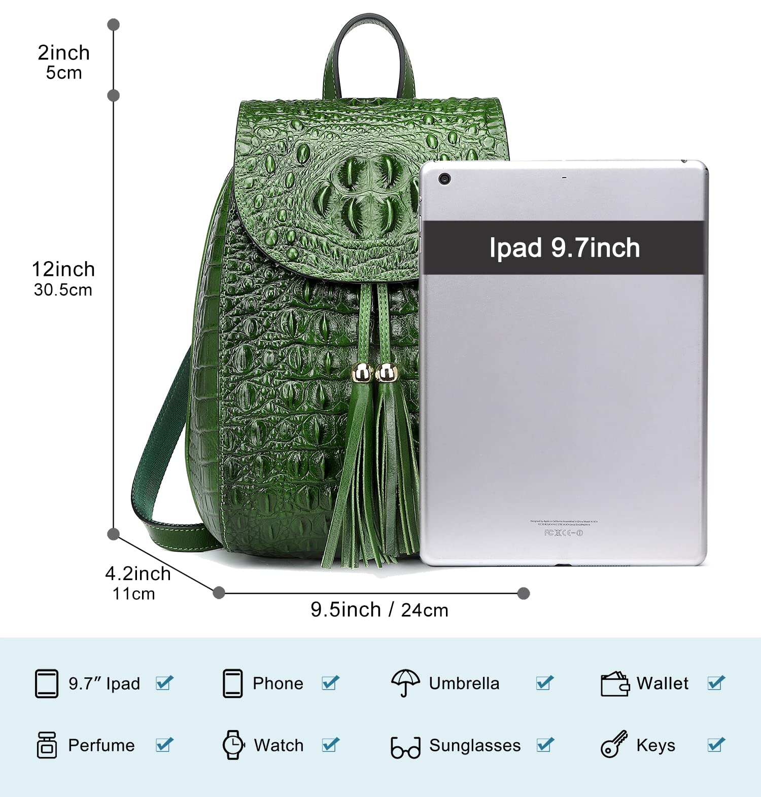 COOLCY Women's Small Genuine Leather Backpack Purse - Crocodile Embossed Designer Handbag (Green) for Work, Travel & Daily Use