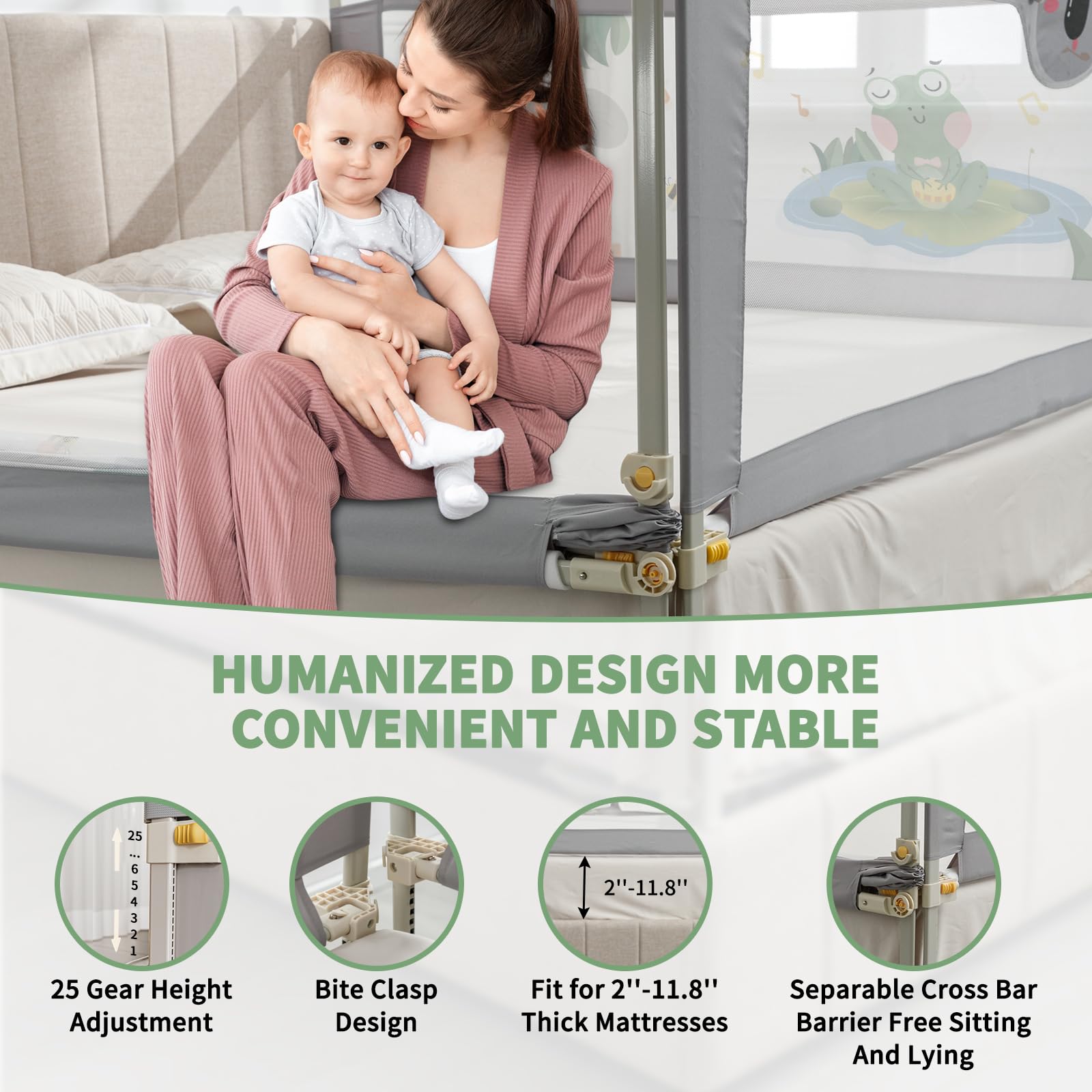 3-in-1 Adjustable Baby Bed Rail for Toddlers - Foldable Bed Guardrail with 25 Height Levels (Fits 2