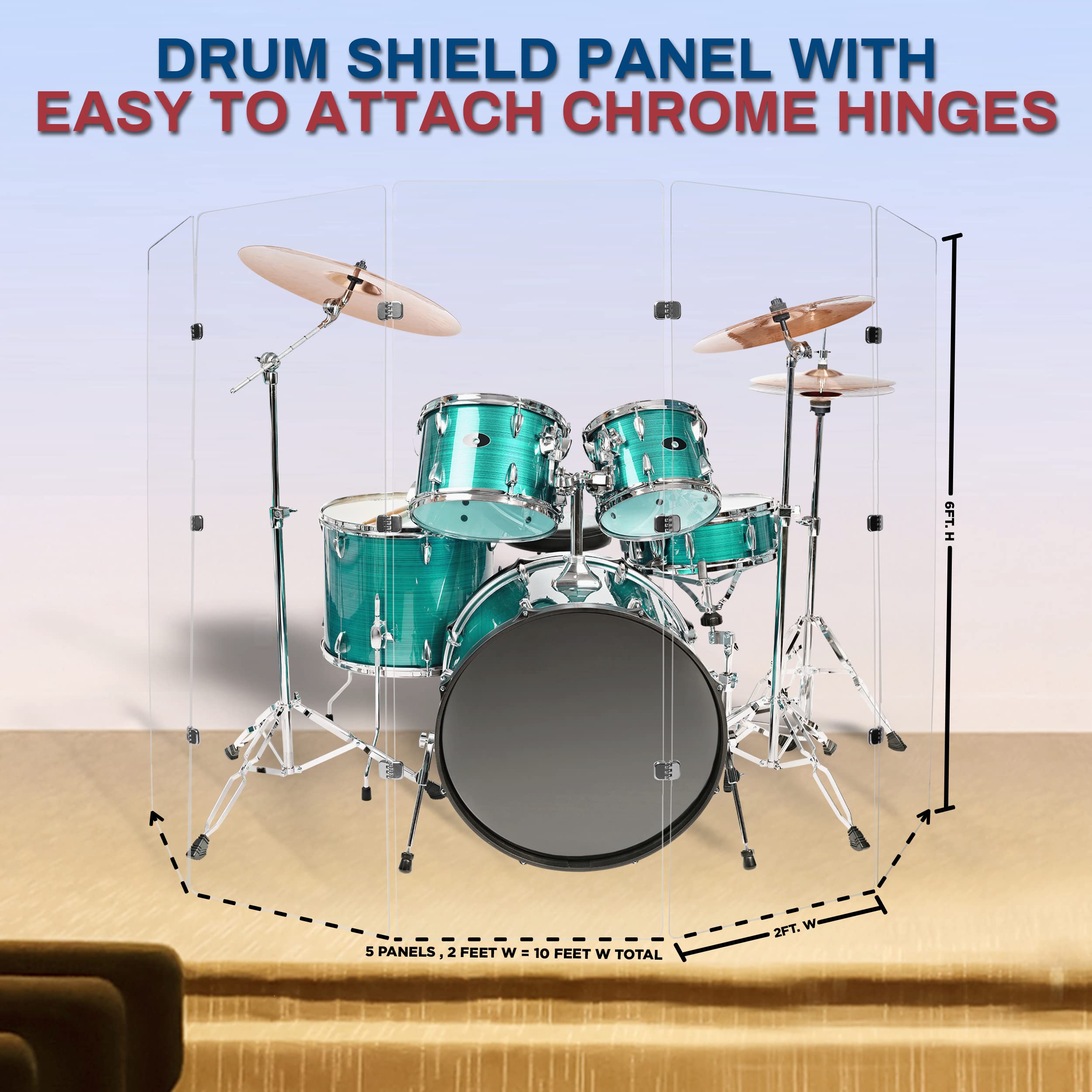 6ft Premium Clear Acrylic Drum Shield with Chrome Hinges - Includes 5 Drum Panels & Soundproof Screen - Perfect for Live Performances, Studio Recording, and Drum Practice