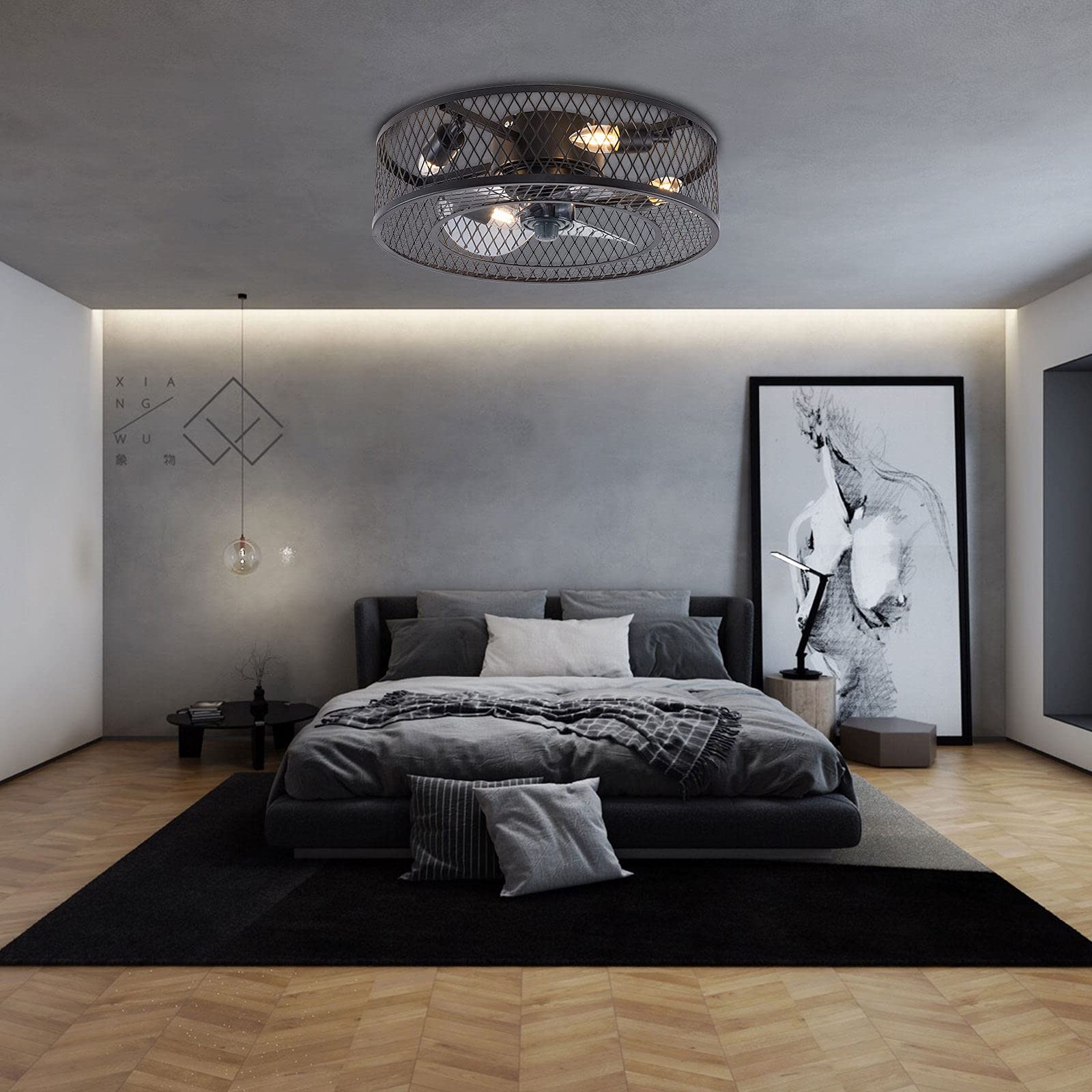 18 Inch Black Iron Caged Ceiling Fan with Light - 3 Speed Adjustable Remote Control, Low Profile Flush Mount Chandelier (4xE27 Bulb Base) - Perfect for Bedroom, Living Room, Kitchen and Office Spaces