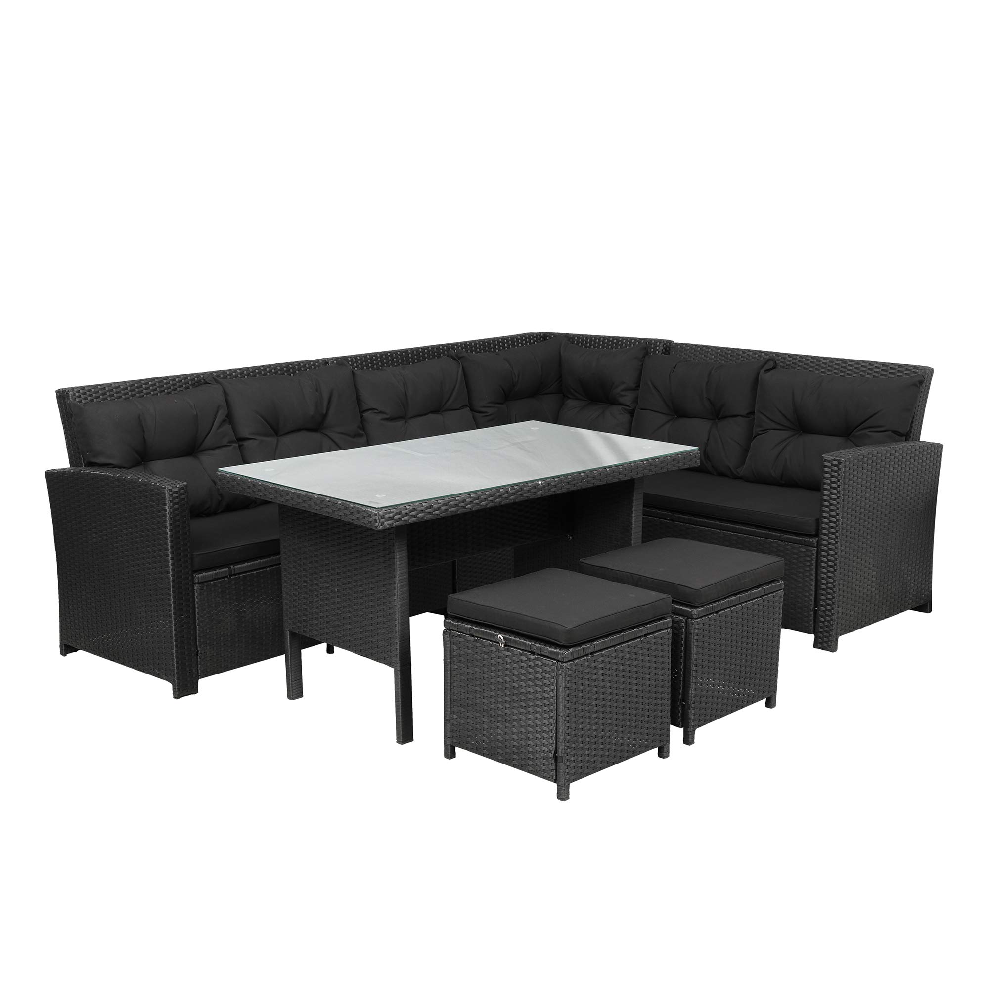 RUNNA 6-Piece Outdoor Patio Furniture Set - Waterproof Wicker Sectional Sofa with Tempered Glass Coffee Table & 2 Ottomans - Perfect for Poolside, Backyard, Garden, Deck or Lawn (Black)