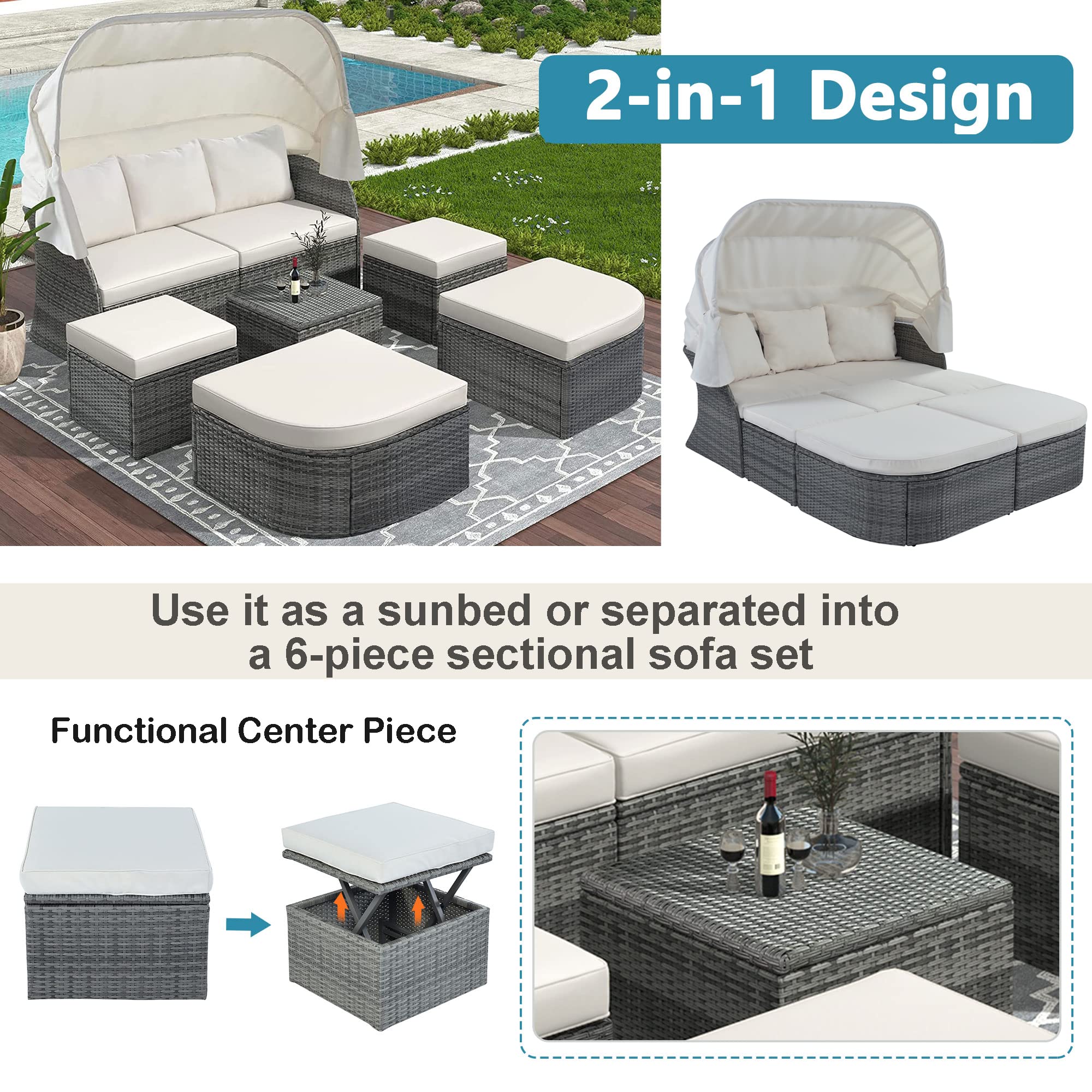 Amposei Outdoor Patio Wicker Furniture Sunbed Sectional Set - Rattan Daybed with Canopy for Porch, Balcony & Backyard - Beige - Perfect for Lounging, Sunbathing & Outdoor Relaxation