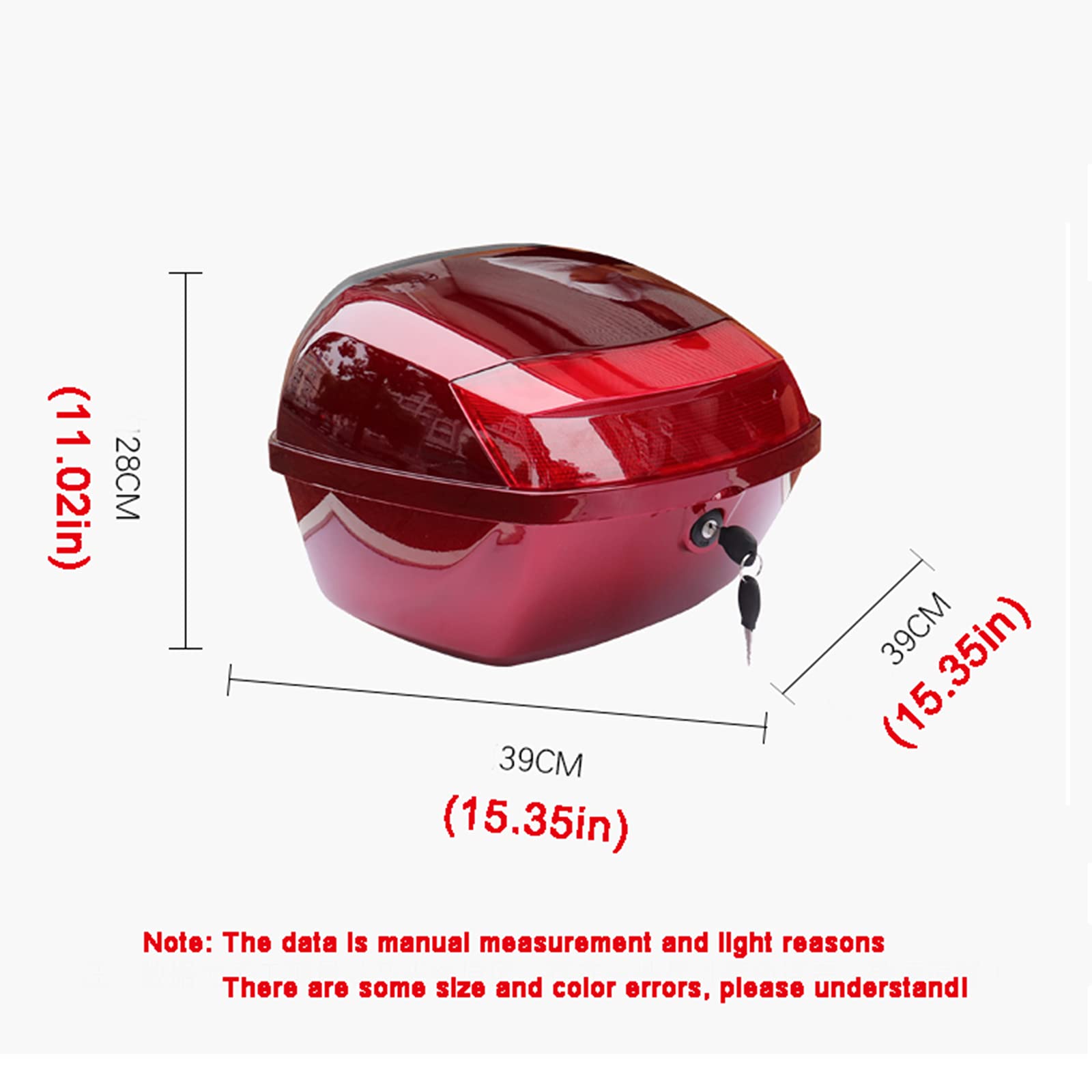 Motorcycle Tail Box - Durable ABS Scooter Trunk with Reflectors & Backrest, Includes Lock & 2 Keys (Heroic Red) - Perfect for Motorcycle Touring, Commuting & Storage