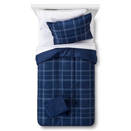 Room Essentials Reversible Plaid Navy Twin XL Bedding Set with Towels - Soft & Cozy Comforter for Dorm, Guest Room or Apartment