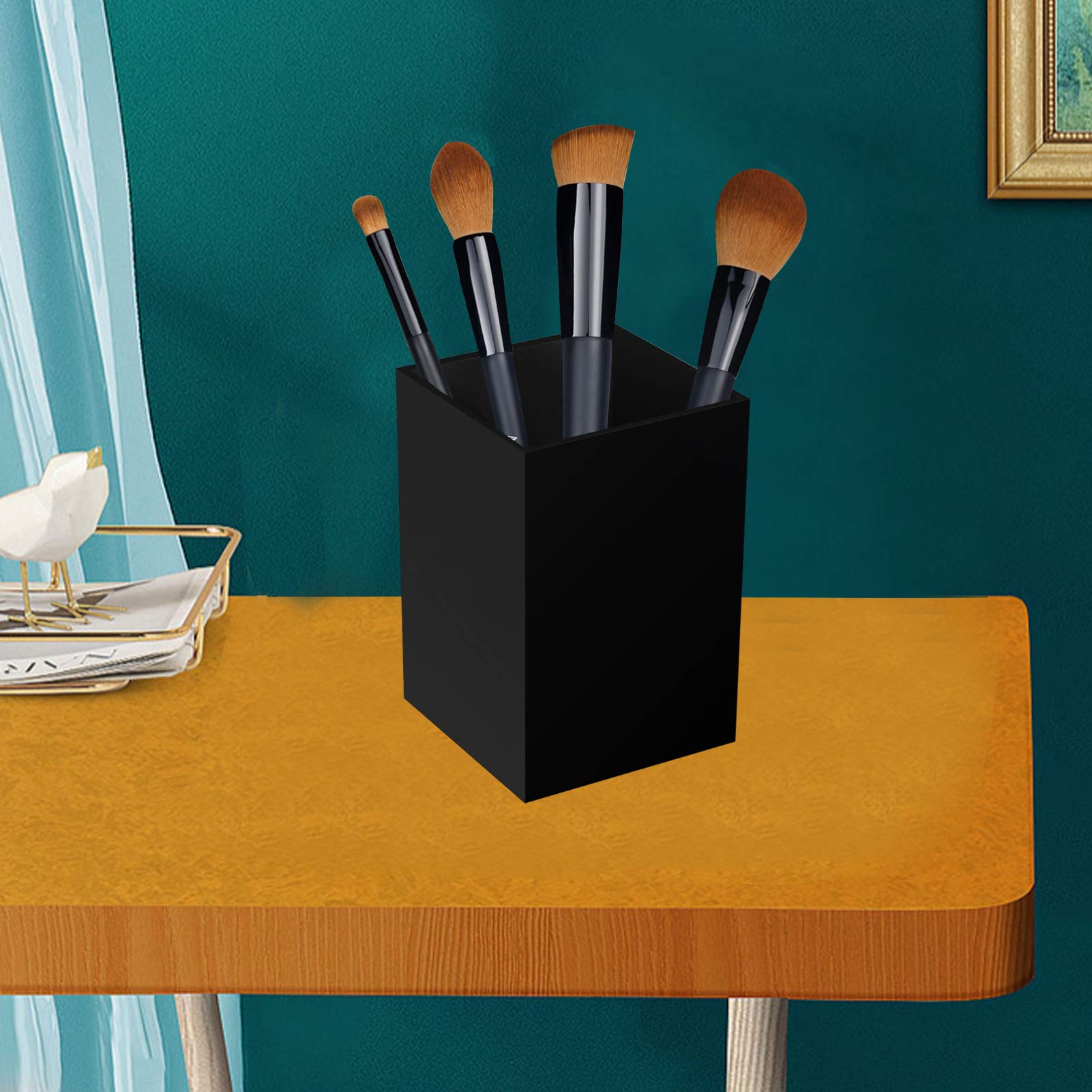 Acrylic Pen Holder for Desk - Black Pencil Organizer & Makeup Brush Holder - Office Desktop Storage Cup for Stationery, Cosmetics, and Art Supplies - Perfect for Home, Office, and Beauty Vanity Organization