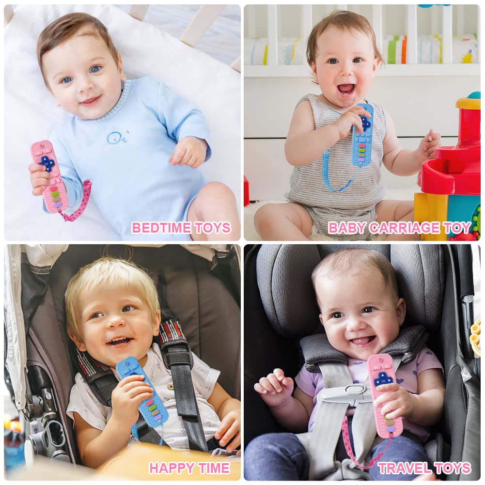 BPA-Free Silicone Baby Teething Toys Set - 2PCS Remote Control Shaped Teethers with Pacifier Clips for Infants 3+ Months (Blue & Pink) - Perfect for Soothing Sore Gums & On-the-Go Teething Relief