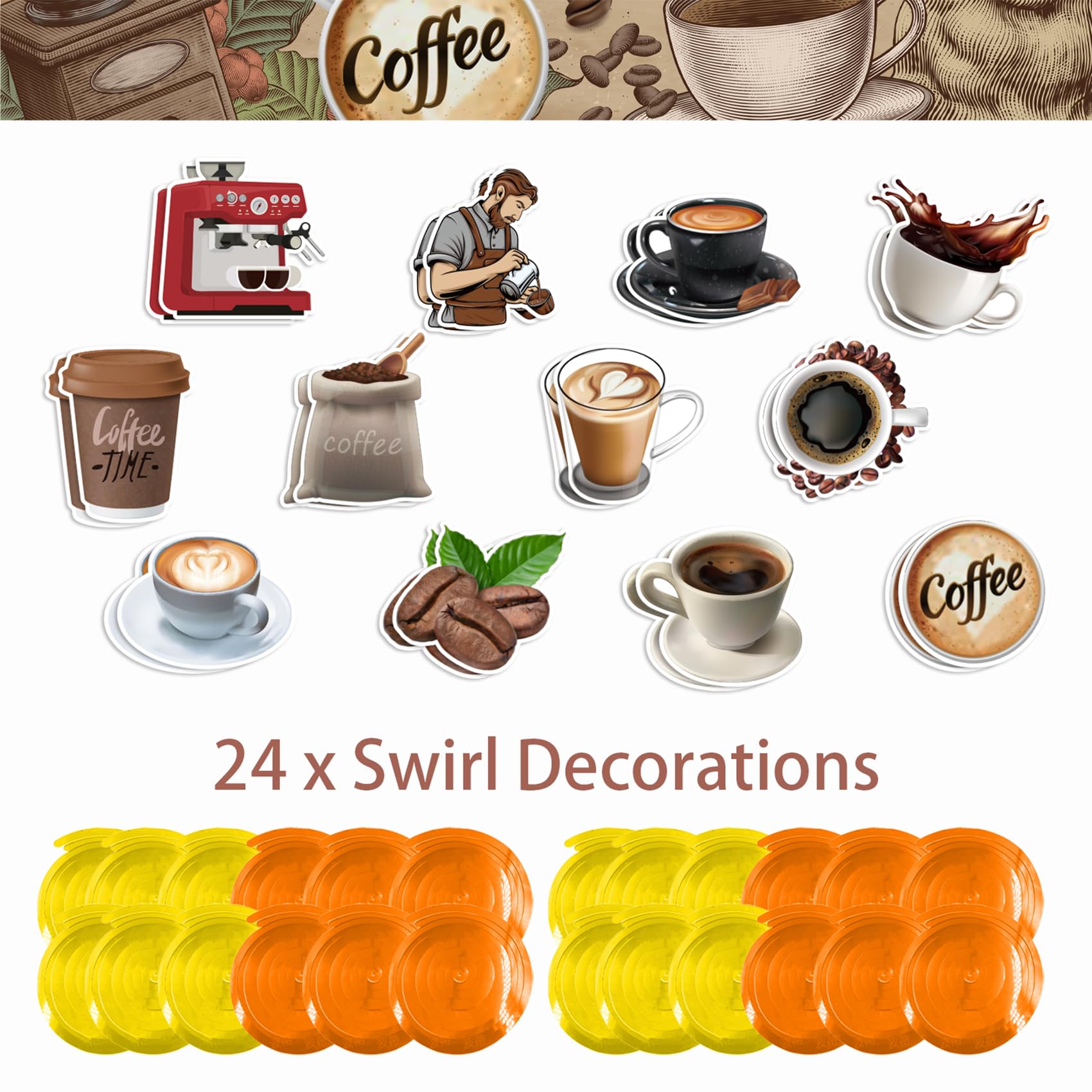 24 Pcs Coffee Hanging Swirls Decorations - Ceiling Hanging Decor for Coffee Shop, Cafe & Home - Perfect for Coffee Themed Parties, Weddings & Events