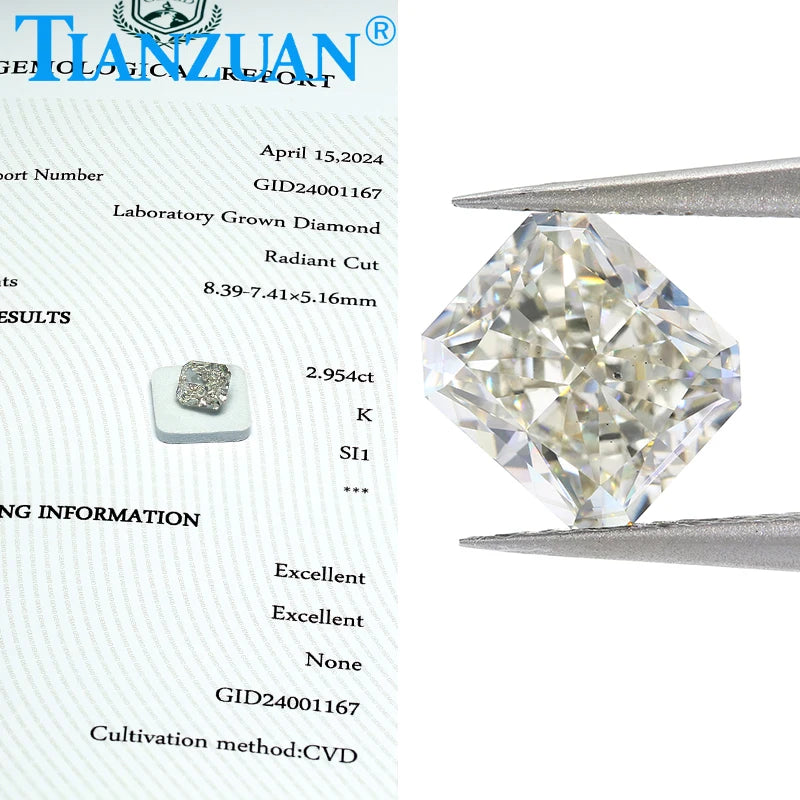 Radiant Cut Lab-Grown CVD Diamond - I/K Color VS2/SI1 Clarity, 2EX Cut, GEMID Certified Loose Gemstone Bead for Engagement Rings & Fine Jewelry Making