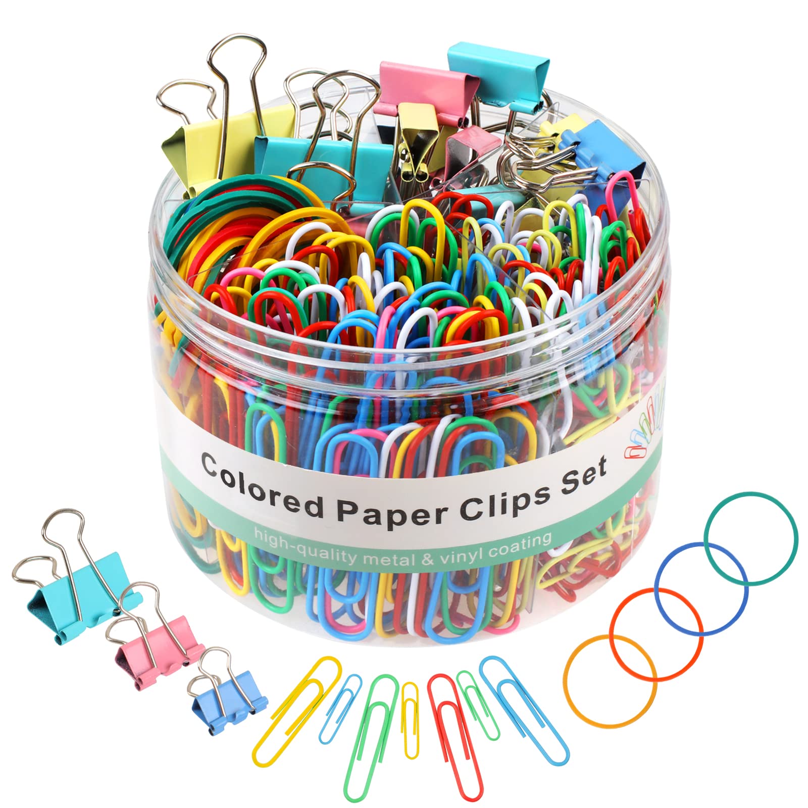 300 Pcs Paper Clips, Binder Clips & Rubber Bands Set - Assorted Sizes Office Supplies for Organizing Documents, School Projects, Teacher Desk Essentials & Home Office Organization